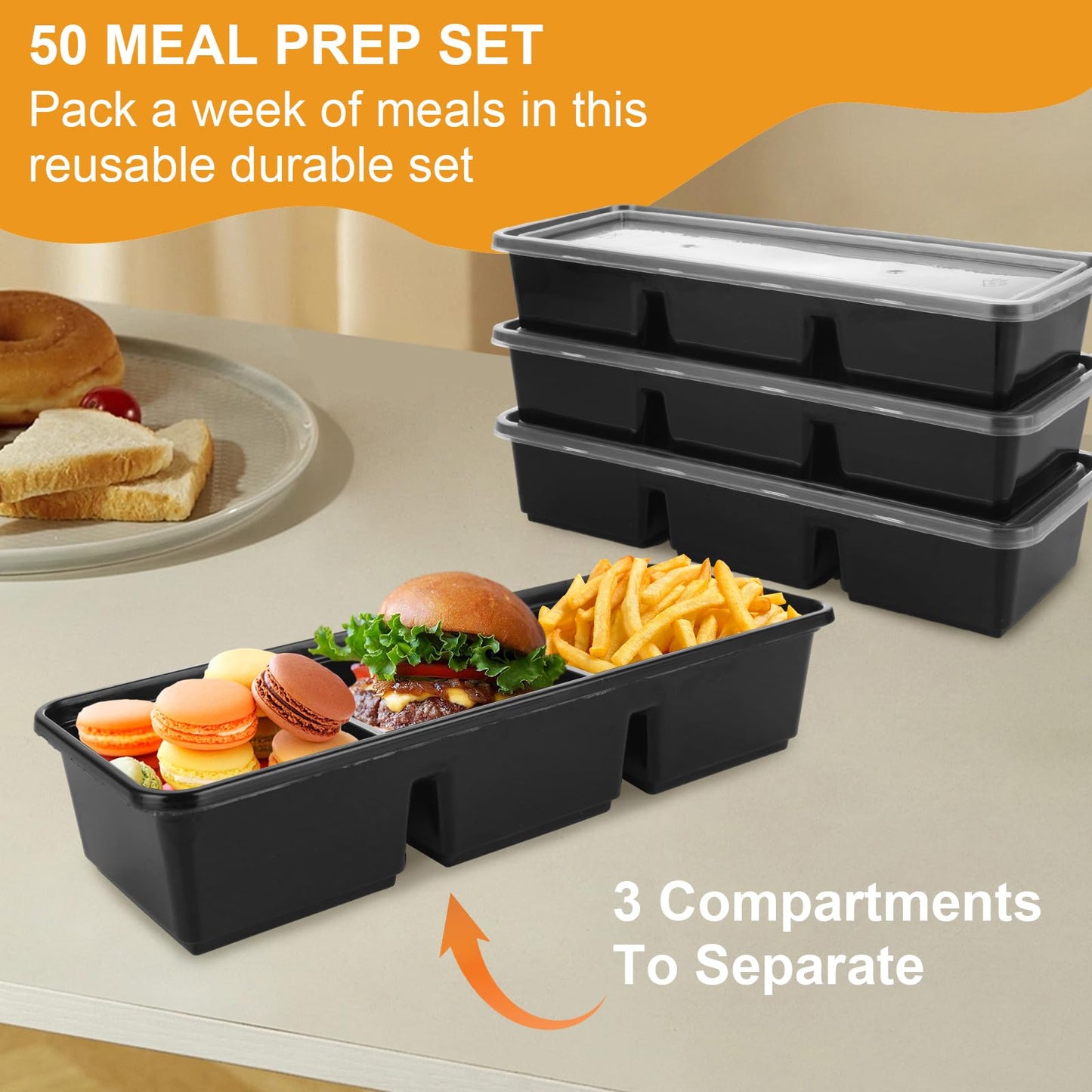 3 Compartment Meal Prep Containers with Lids