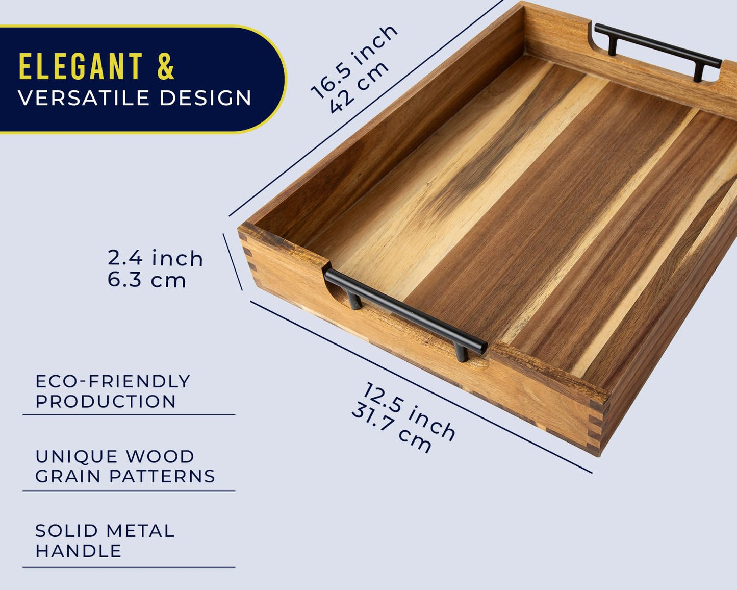 Decorative Acacia Wood Serving Tray with Handles