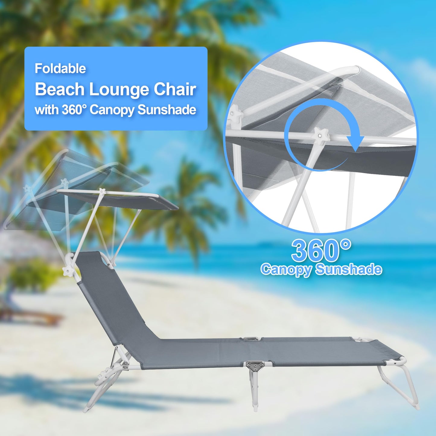 CAMPHILL Foldable Chaise Lounge Chair with 360° Canopy Sunshade, Portable Beach Sunbathing Lay Flat Reclining Tanning Chair Adjustable 4-Position for Outside Patio Poolside,Beach