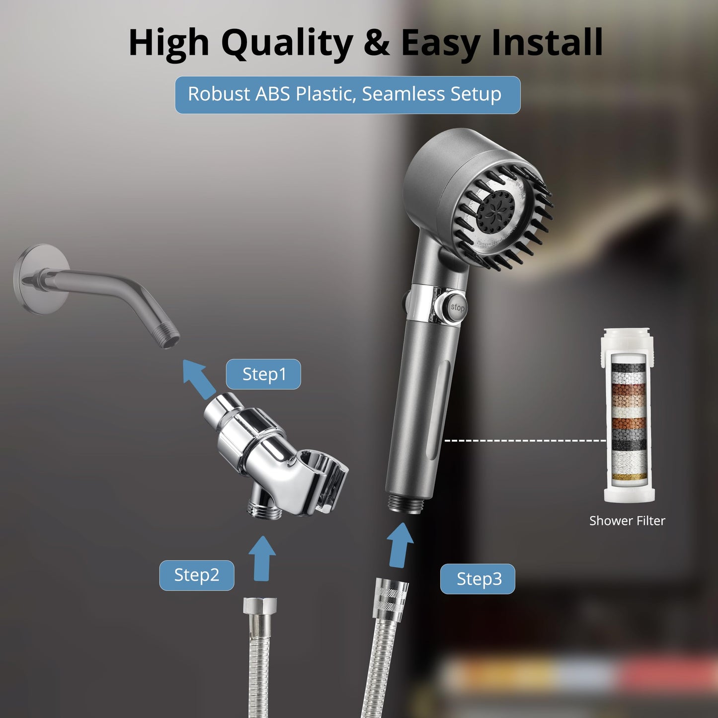 Iopsk Fitered Shower Head with Handheld for Hard Water, High Pressure Handheld Shower Heads with On Off Switch, Showerhead with Long Hose(Gun Grey,2 Filters)