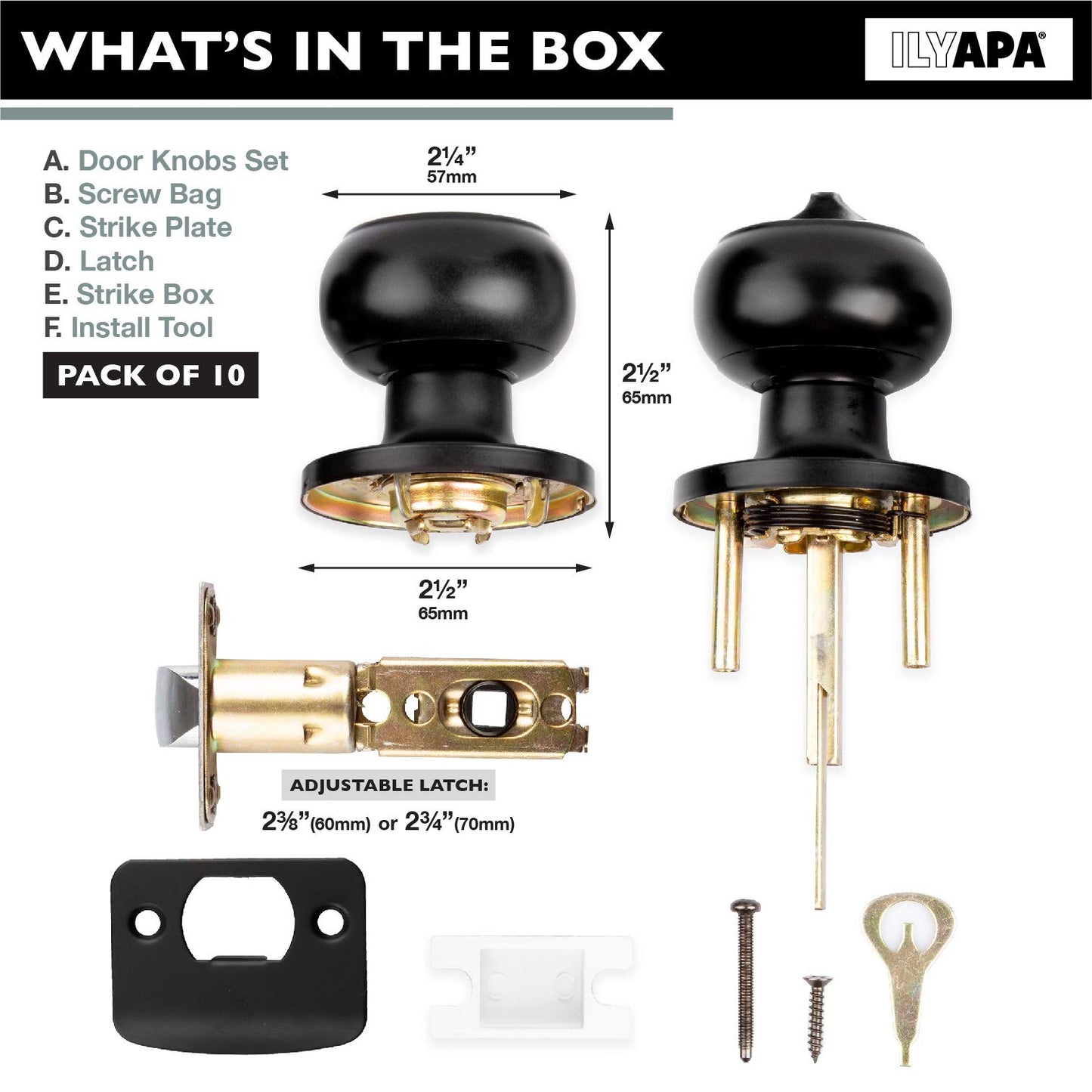 Ilyapa Privacy Black Door Knobs Interior, Bathroom Bedroom Door Knobs - Colonial Black Privacy Door Knob, Keyless Turn Thumb Locking Round, Matte Black, 10 Pack Multi Pack Door Knobs