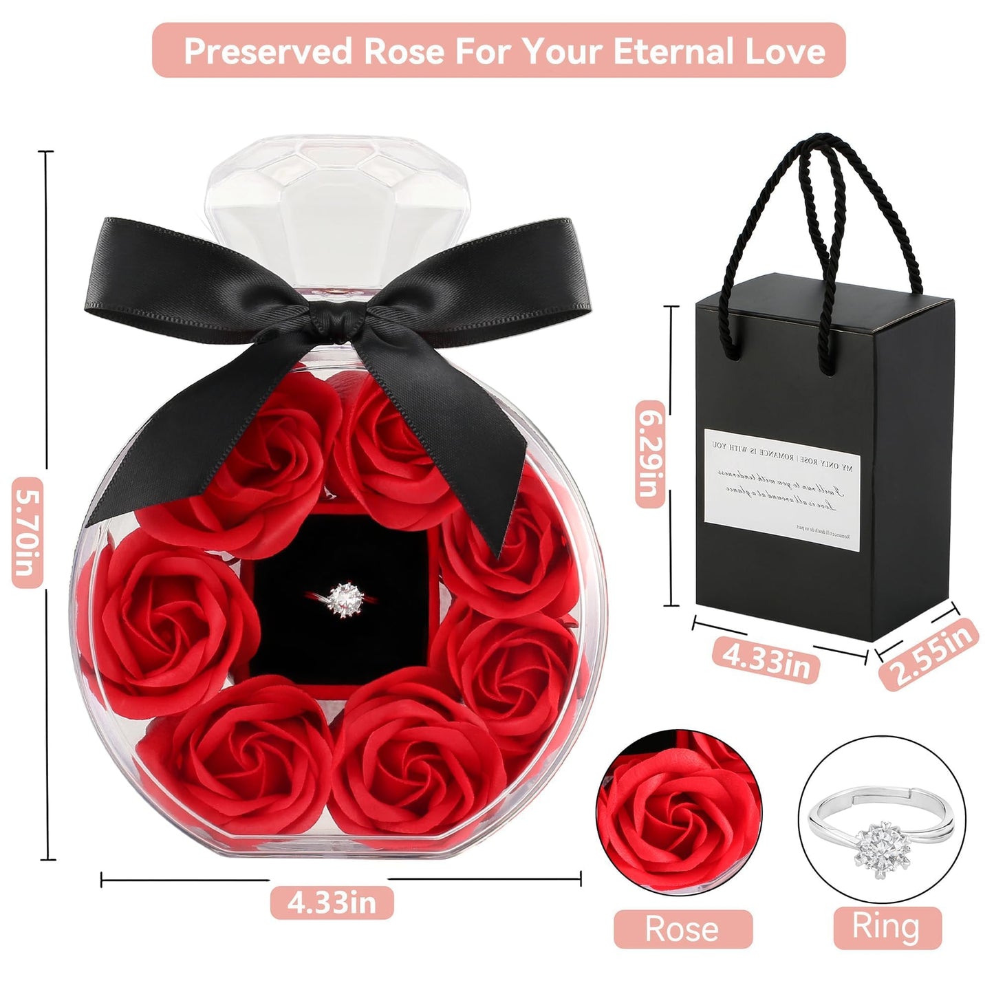 CECEIN Preserved Rose with Rings Gifts Birthstone Jewelry Artificial 7 Flower for Women Girlfriend Wife Mom Grandma Valentines Mothers Day Anniversary Birthday Unique Romantic Gifts