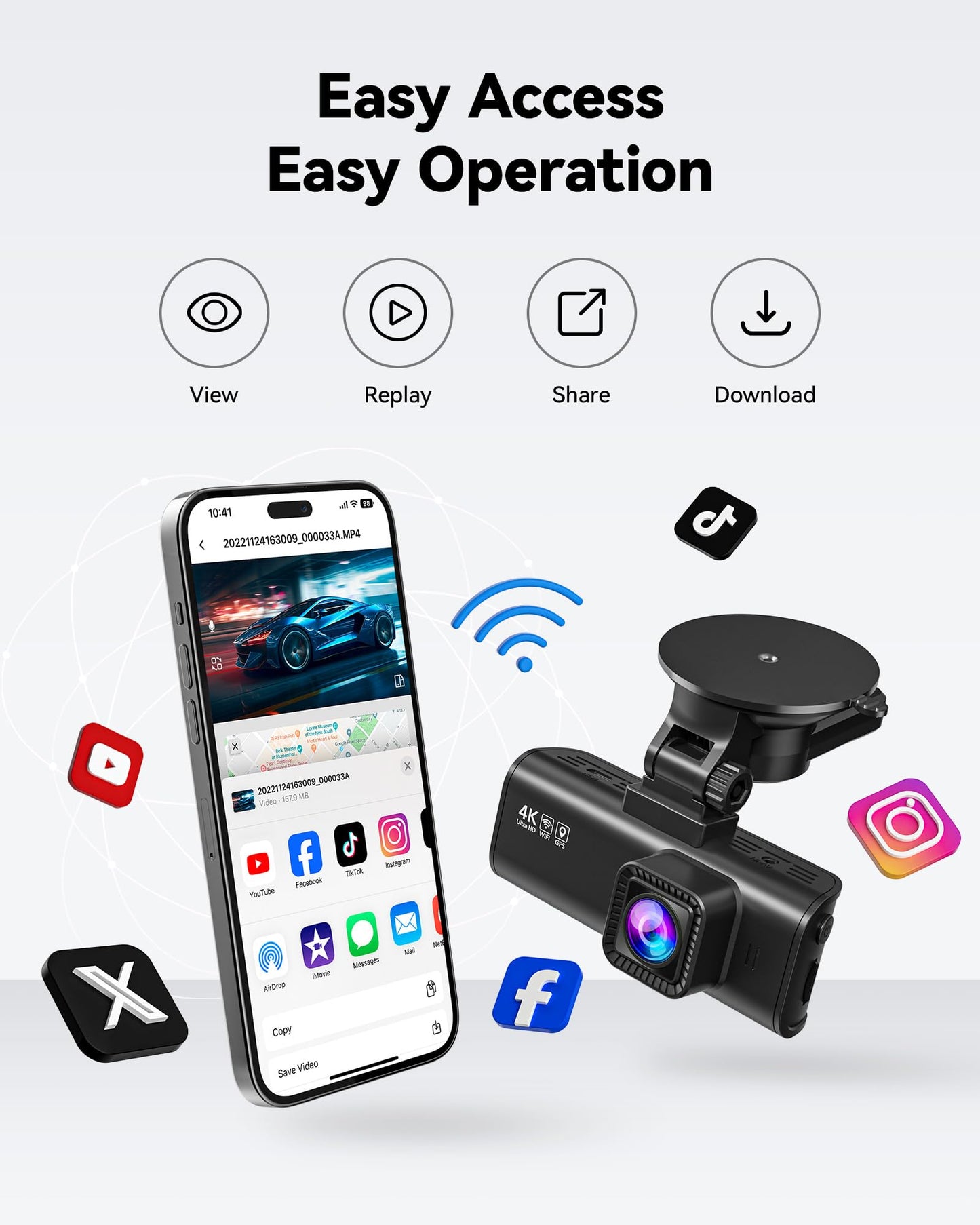 4K Dash Cam Front Rear with Wi-Fi & GPS