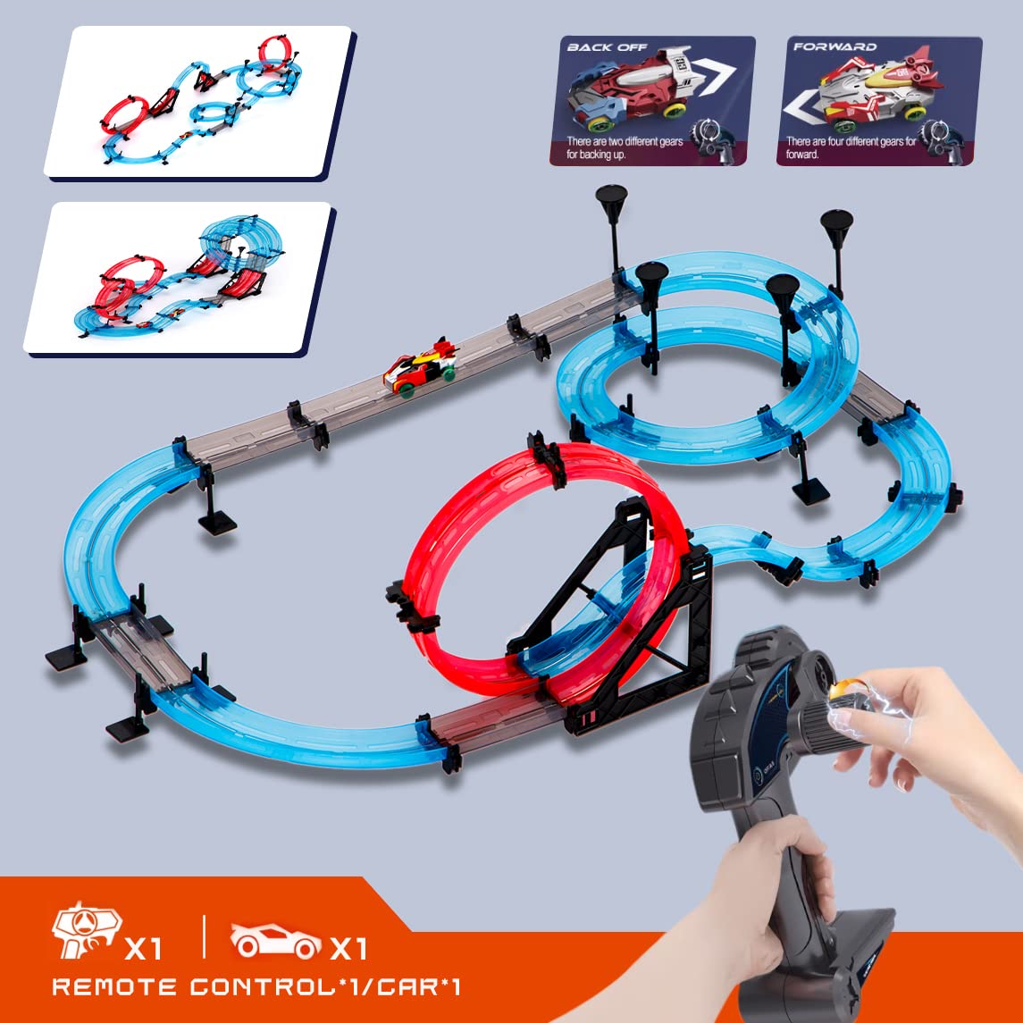 INSGEN Slot Car Race Track Sets for Kids, Magnetic Attraction Track Builder, Electric Remote Control Track Car Birthday Toys for Boys Kids Age 6 7 8-12