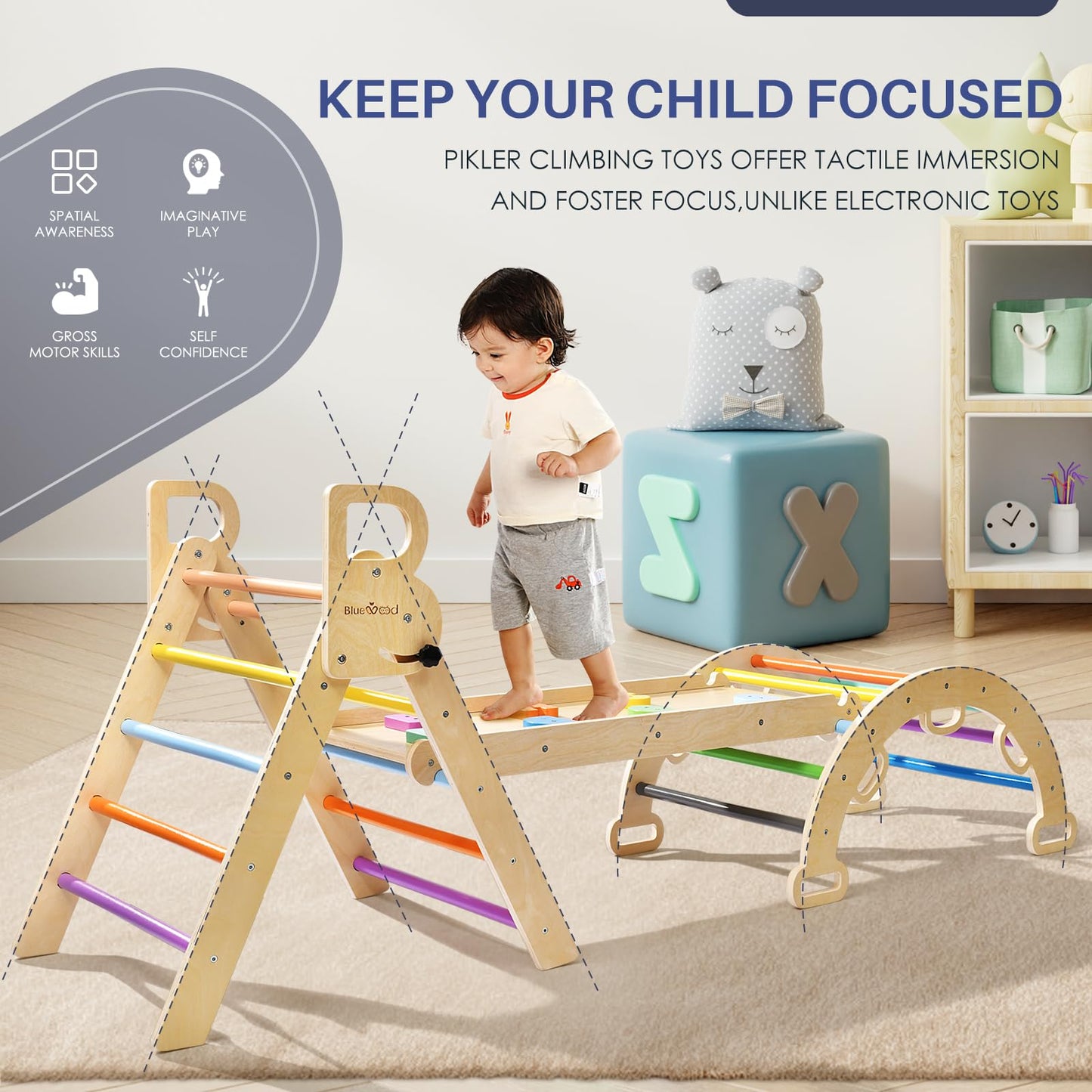 BlueWood 7-in-1 Wooden Climbing Triangle for Kids