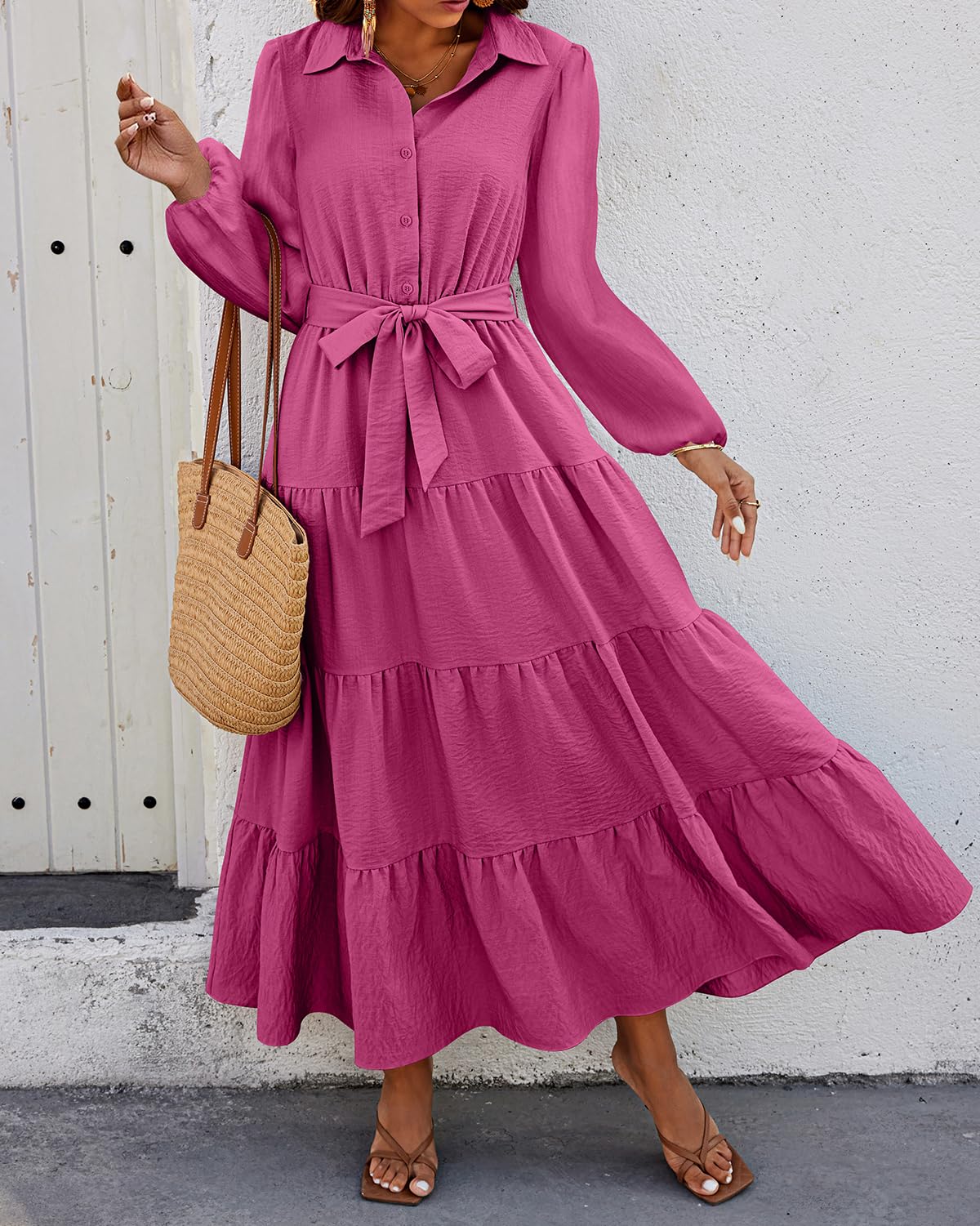 dowerme Women's Long Sleeve Dress 2025 Button Down Belted A-Line Flowy Fall Outfits Ruffle Maxi Holiday Party Dresses(Rose Red,XX-Large)