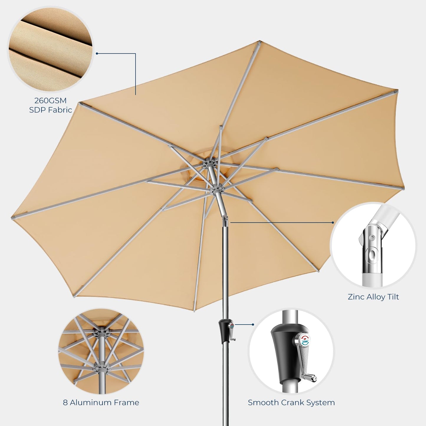 HOMSHADE 9ft Outdoor Patio Umbrella - Market Table Aluminum Umbrella, 5-Year Fade Resistant - UPF50+ UV Protection with Push Button Tilt, Crank for Pool Deck and Garden (Beige)