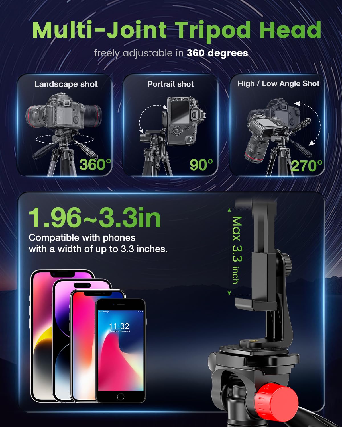 CAMBOFOTO 74"-Camera-Tripod, Porfessional Aluminum Heavy Duty Tripod Stand for Mirrorless Camera/DSLR/Cell Phone/Camcorder, with Holder and Travel Bag
