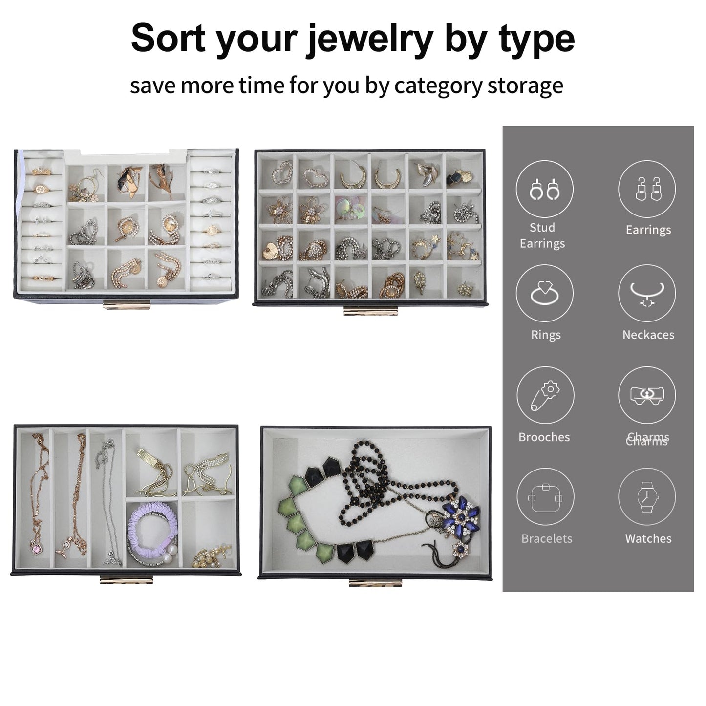 BOOVO 4 Layer Jewelry Box for Women, Jewelry Organizer Box with Necklace Hooks, 3 Drawers White Jewelry Box for Sunglasses, Necklace and Bracelet Storage (Black)