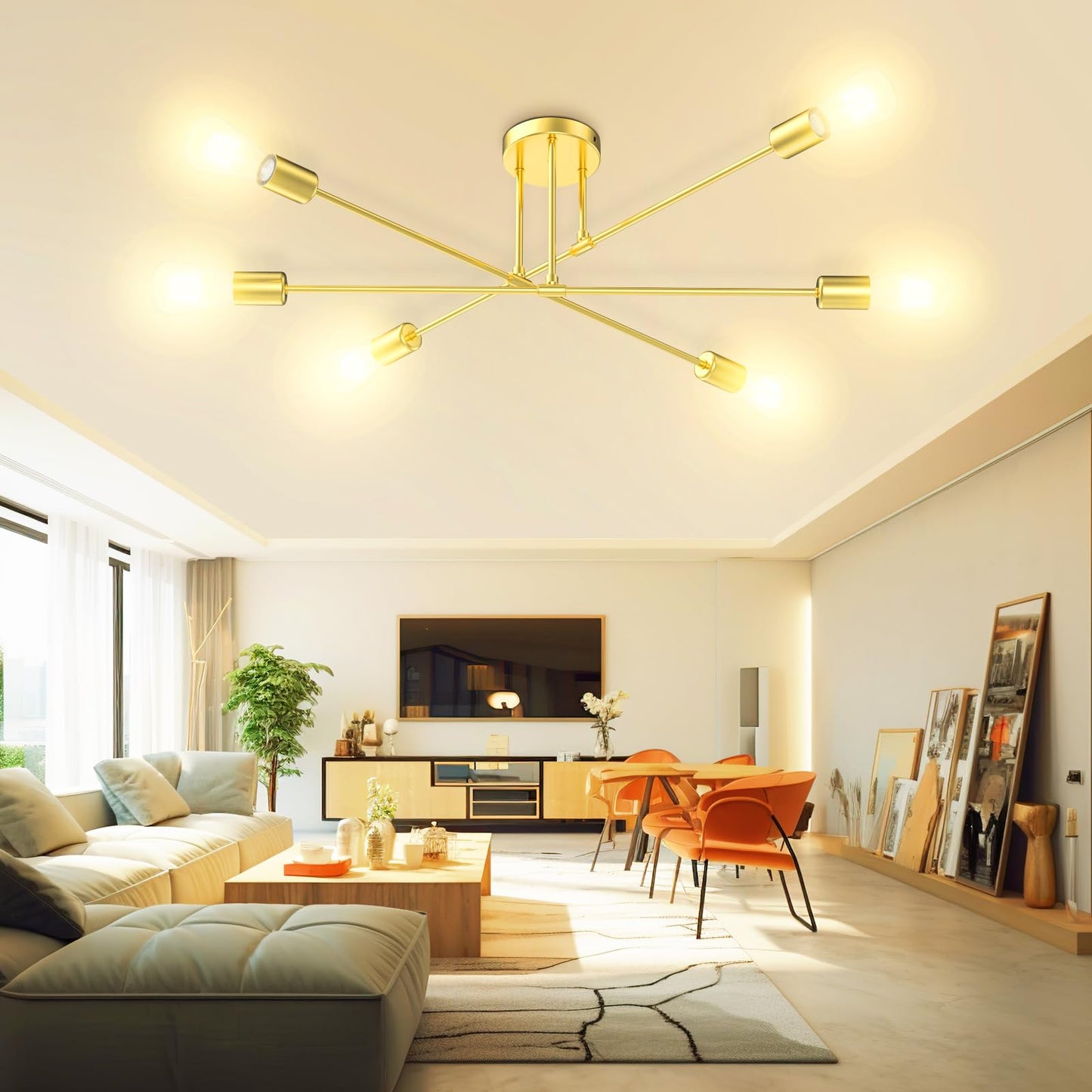 Sunwish Sputnik Chandelier, 6-Light Gold Flush Mount Ceiling Light Fixture Dining Room, Modern Chandeliers for Bedroom Lights with E26 Base, Bulbs Not Included (Gold- 6 Light)