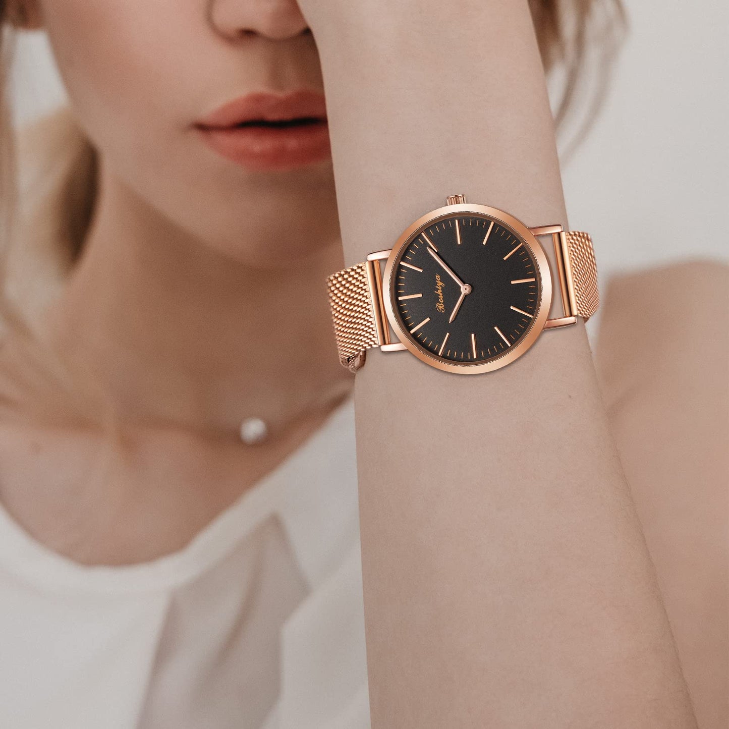 BOSHIYA Womens Stainless Steel Band Watch,Rose Gold Mesh Strap Elegant Dress Designer,Mesh Bracelet Ladies Wrist Watches Waterproof with Roman Timescale Dial