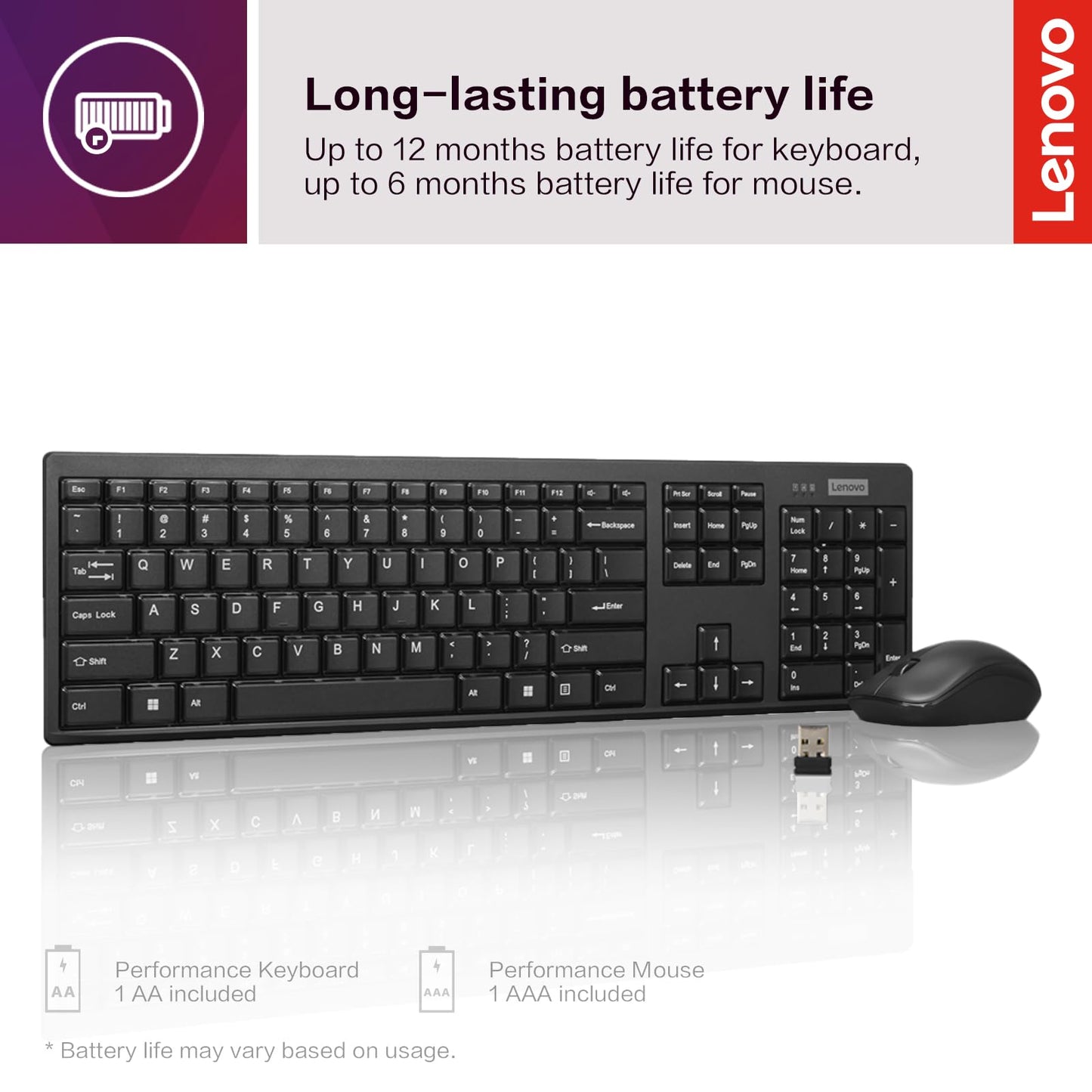 Lenovo 100 Wireless Keyboard and Mouse Combo – Cordless Set with Spill Resistant Quiet Keys – 3-Zone Keyboard - Ambidextrous Mouse – Compact Design – Wireless USB -Black