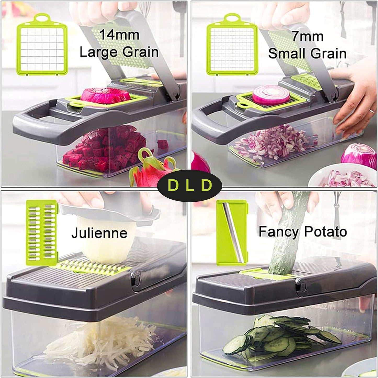 DLD Vegetable Chopper, 12 in 1 Professional Mandoline Slicer for Kitchen, Multifunctional Food Chopper Cutter for Onion, Potato, Tomato, Veggie with 8 blades and Strainer Basket (Gray)