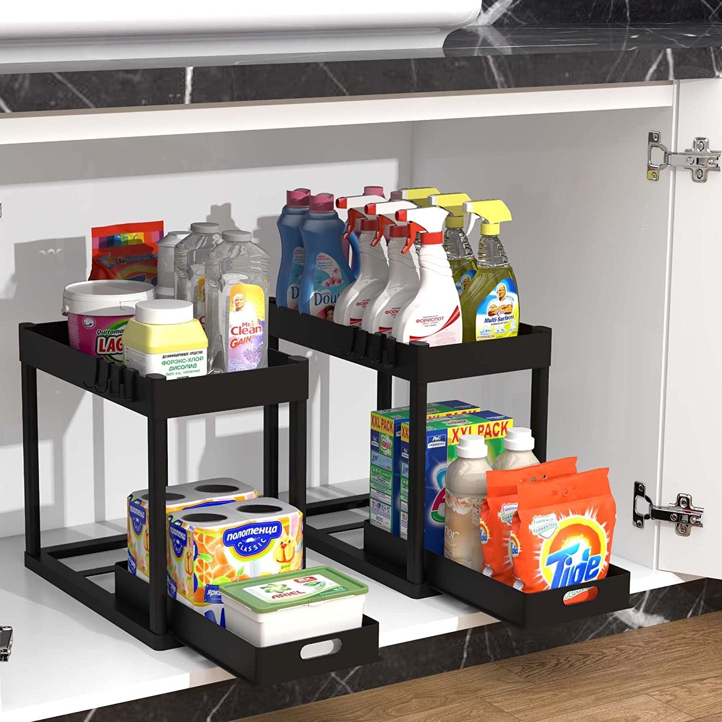POUGNY 2PC Under Sink Organizer Rack 2 Tier Under Sliding Cabinet Basket Organizer Drawer with 4 Hooks, Multi-purpose Under Sink Storage for Bathroom Kitchen Desktop(Black)