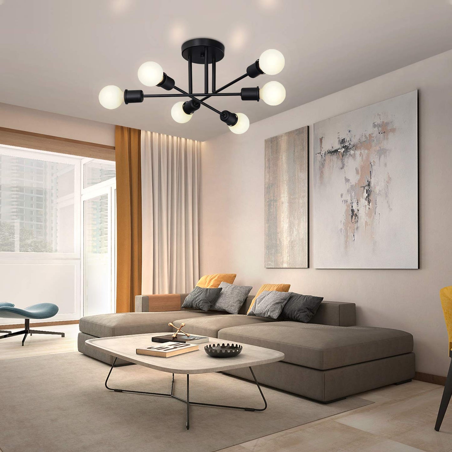 Hurrah Sputnik Light Fixture Black - 6 Lights Flush Mount Ceiling Light Fixture Industrial Chandeliers Modern for Kitchen Dining Room Living Room Bedroom Laundry E26