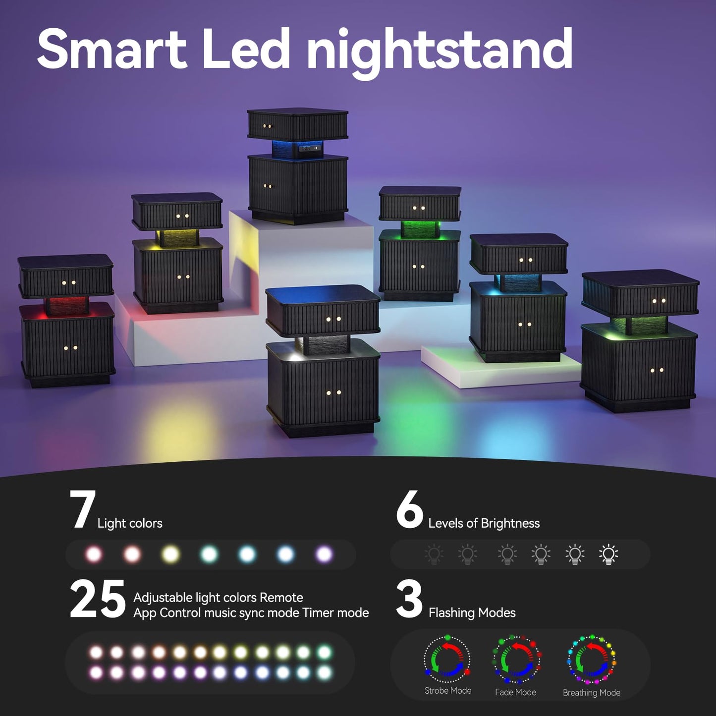 LED Nightstand with Charging Station and Drawers