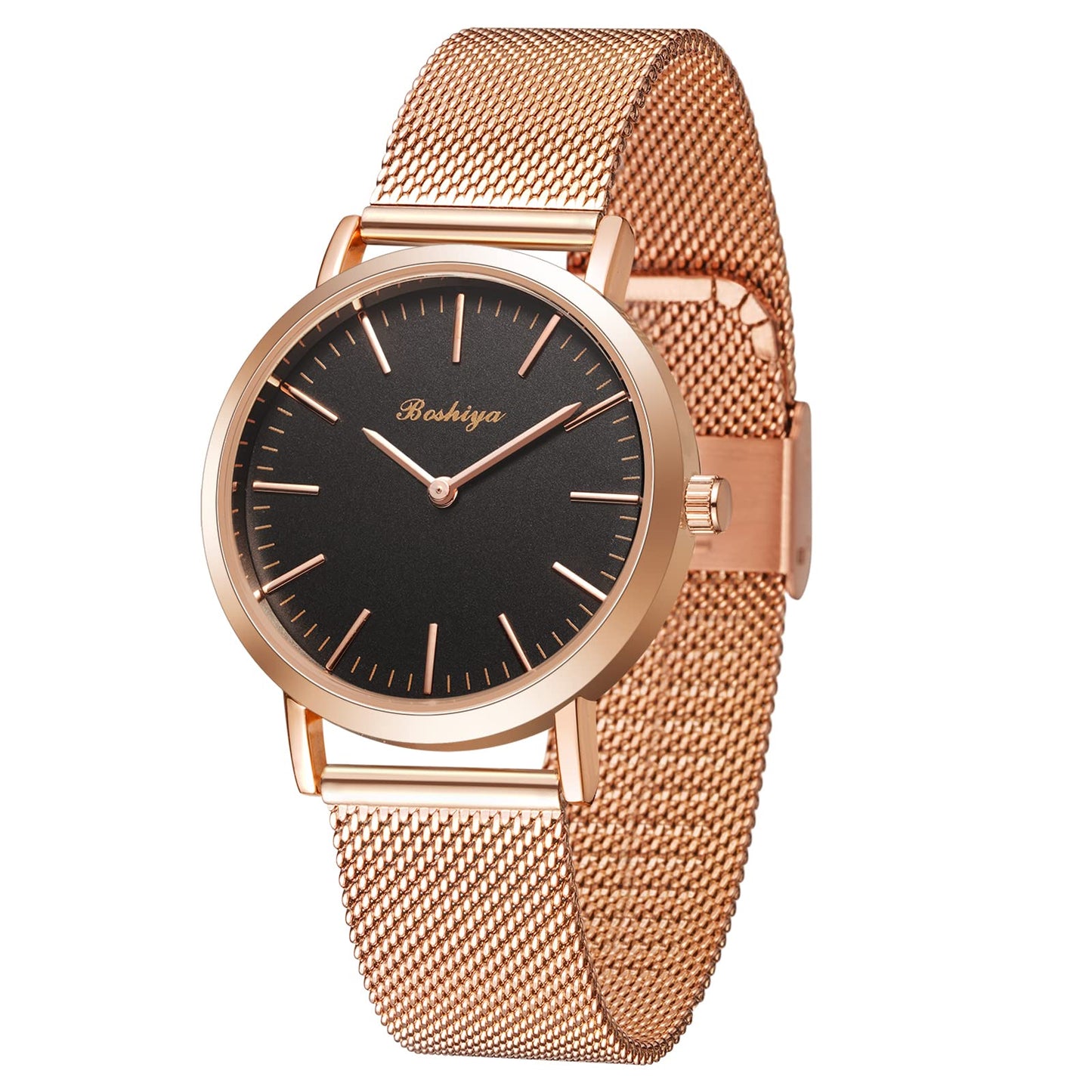 BOSHIYA Womens Stainless Steel Band Watch,Rose Gold Mesh Strap Elegant Dress Designer,Mesh Bracelet Ladies Wrist Watches Waterproof with Roman Timescale Dial