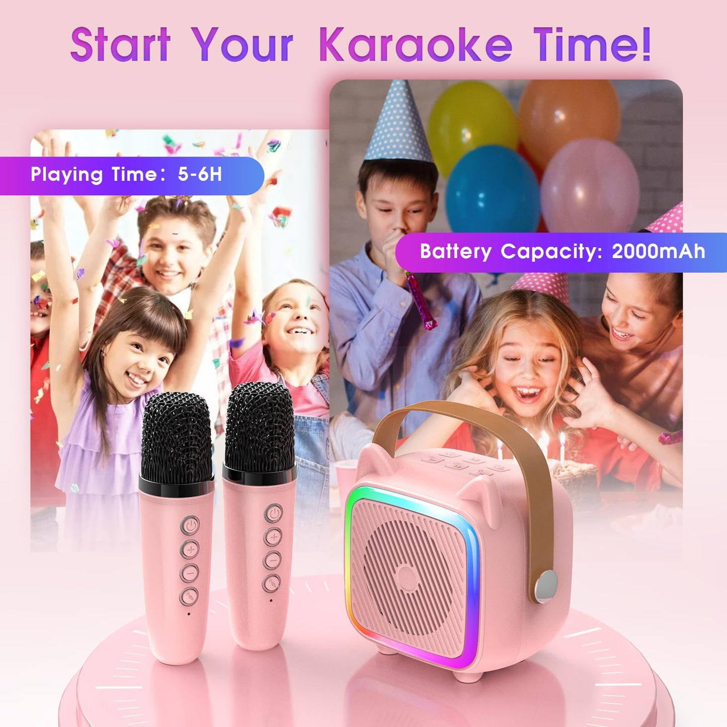Mini Karaoke Machine with 2 Wireless Microphones
