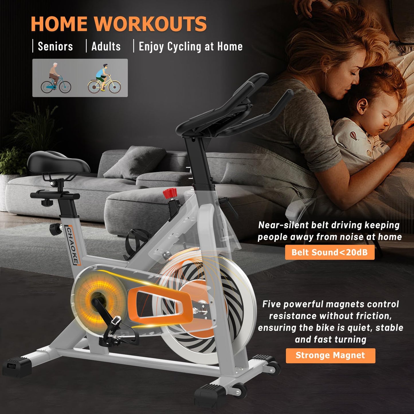 Exercise Bike, Adjustment Magnetic Resistance, Super Silent Belt Drive Indoor Bike for Home Workout, Stationary Bike with 350LBS Weight Capacity, Comfortable Seat Cushion, LCD Monitor