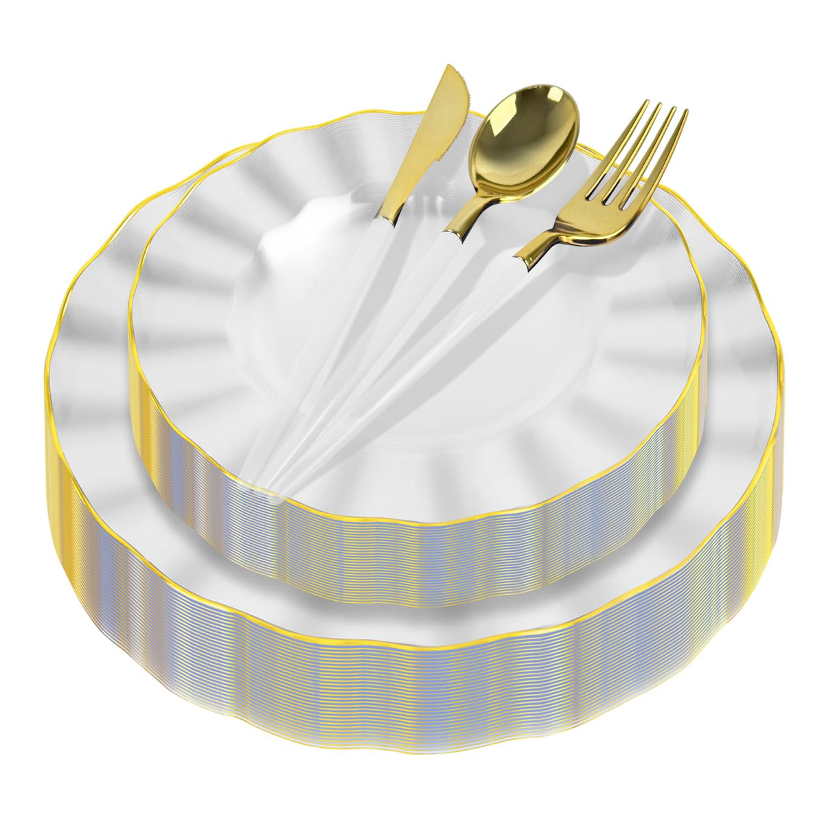 150 Piece Gold Rim Plastic Dinnerware Set
