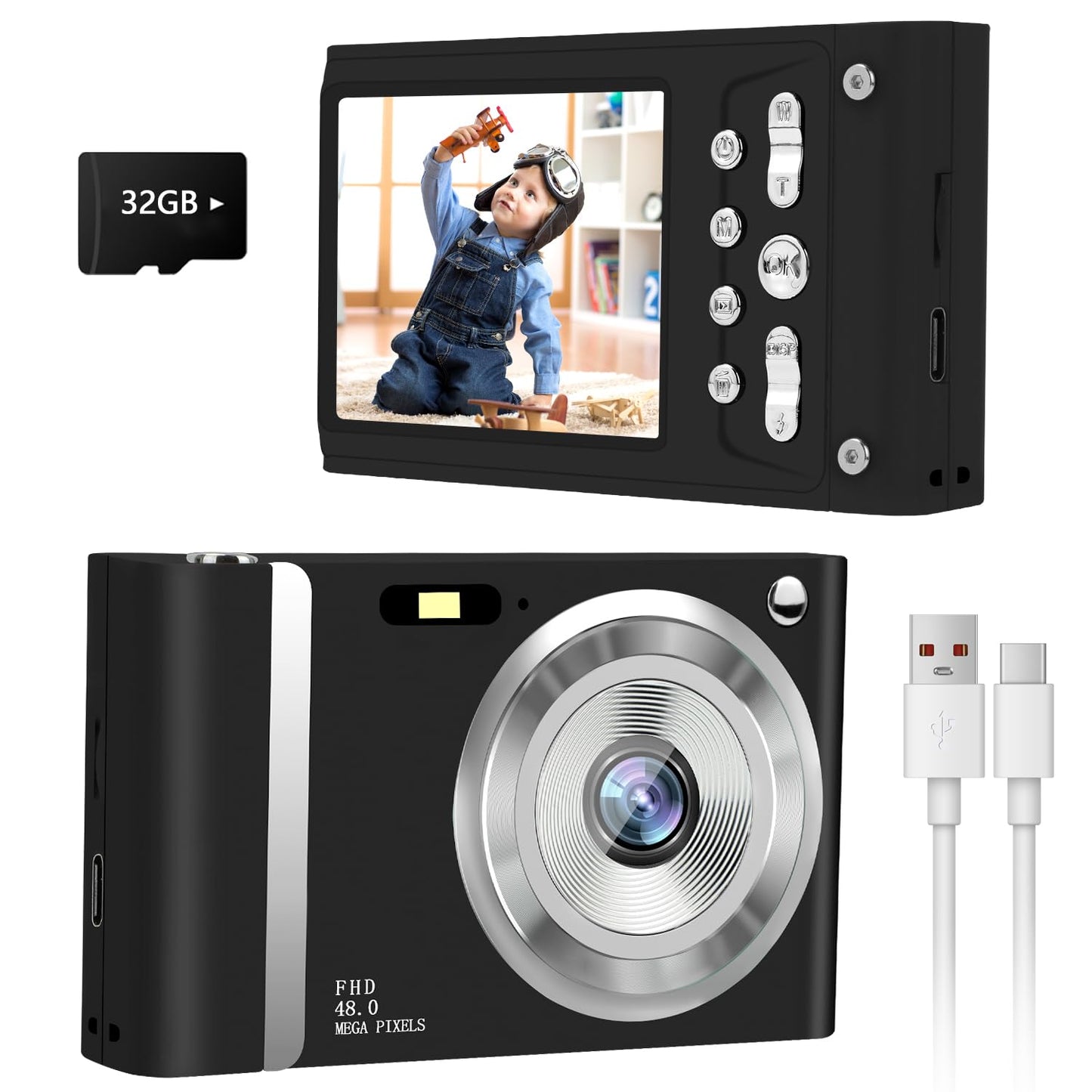 Digital Camera, FHD 1080P Kids Camera with 32GB Card, Digital Point and Shoot Cameras with 16X Zoom Anti Shake, 48MP 2.8 Inch LCD Screen, Gift for Teens Boys Girls