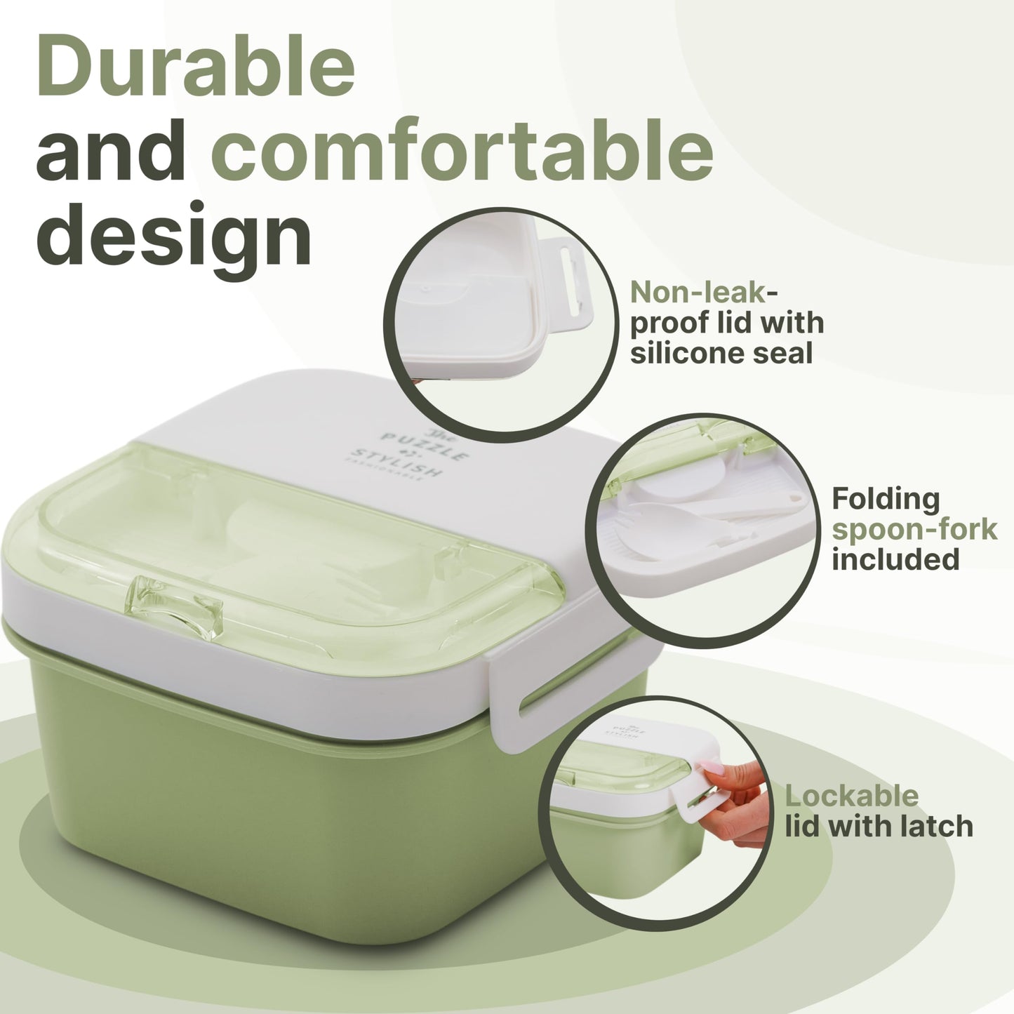 Earth&ME Bento Lunch Box For Kids Adults, 1100 Ml Lunch Box Container With 2 Floors 3 Compartments, Leak-proof Sauce Container, Spork, Bento Box For School Office Travel, Green