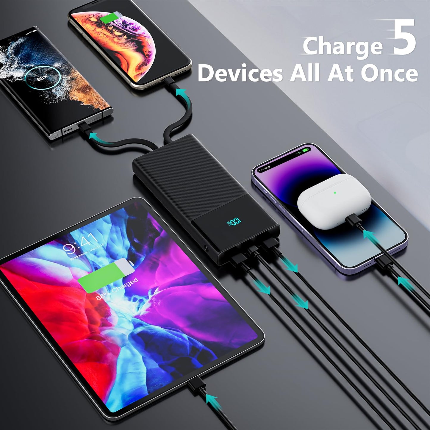 Portable 13000mAh Power Bank with Built-in Cables