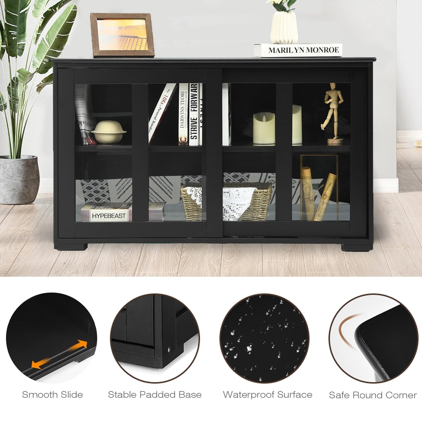 Byroce Sideboard Buffet Cabinet, Stackable Storage Coffee Bar Cabinet with Adjustable Shelf & Glass Sliding Doors, Wood Cupboard Credenza Console Table for Kitchen Dining Living Room (1, Black)