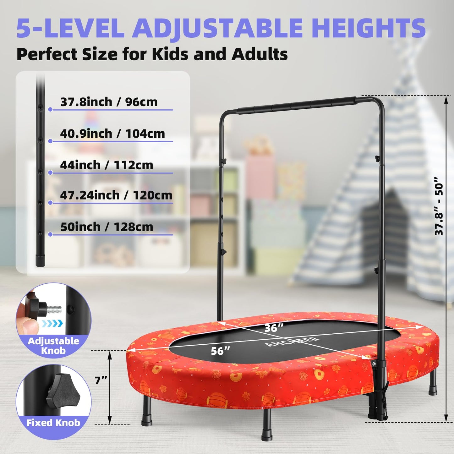 Kids Mini Trampoline with Adjustable Handlebar