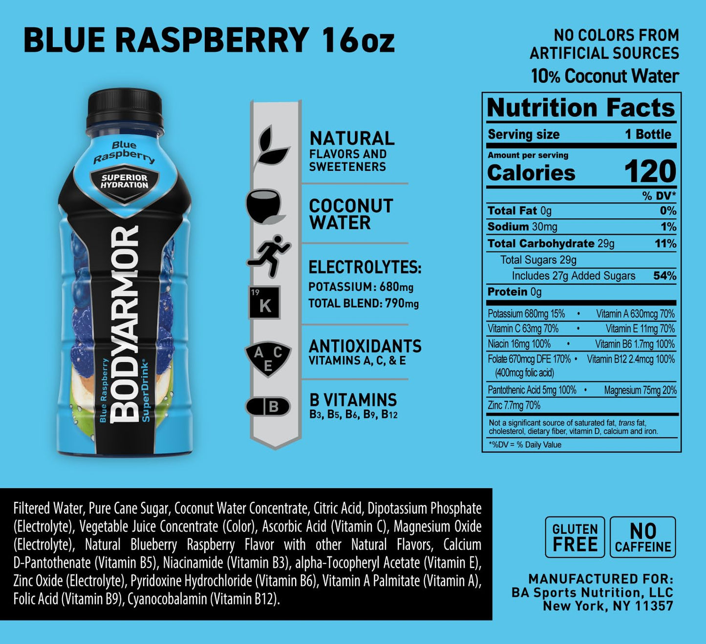 BODYARMOR Blue Raspberry Sports Drink, 16 Fl Oz (Pack of 12)