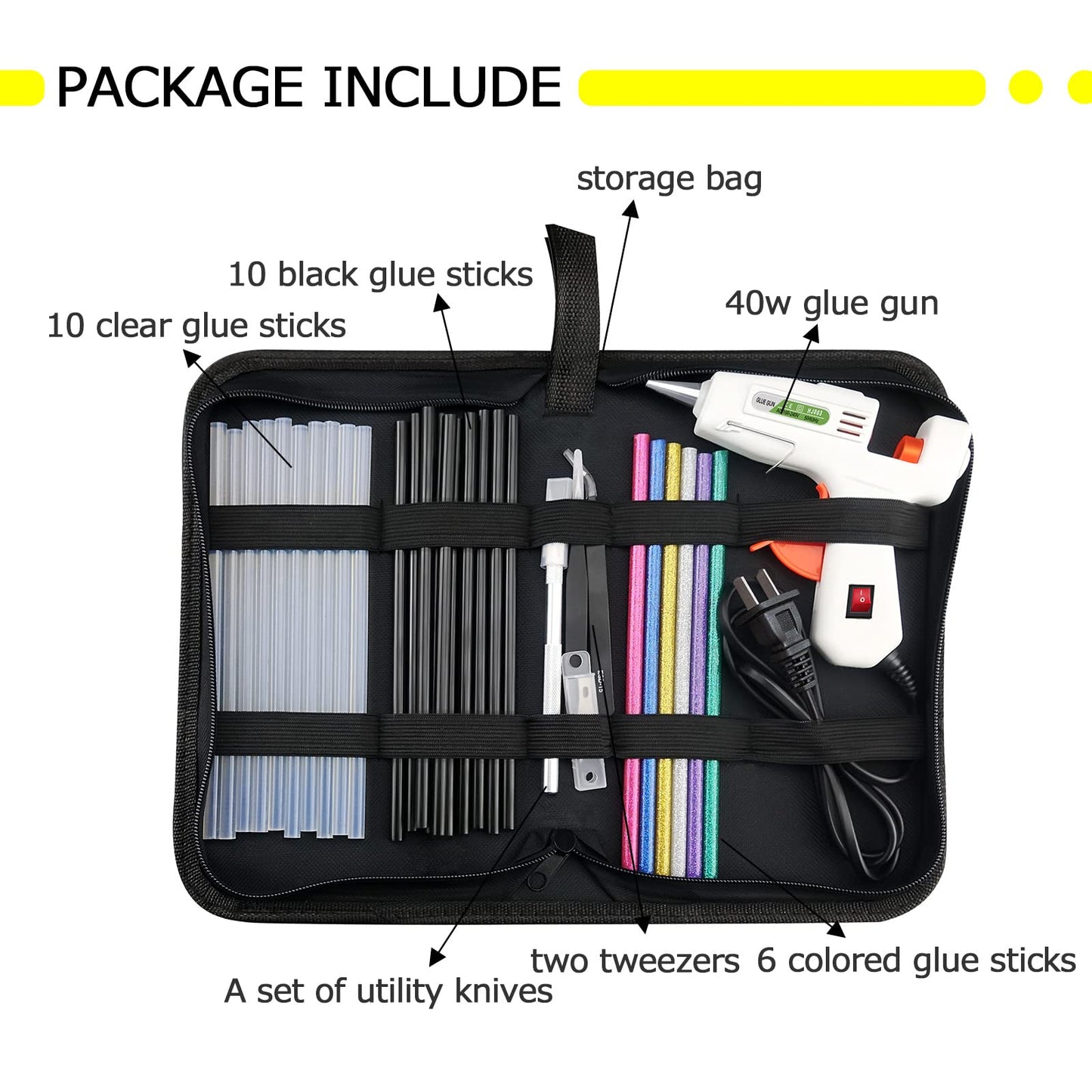 Hot glue gun kit, with 10 transparent glue sticks, 10 black glue sticks, 6 colored glue sticks, carving knife with 5 cutting heads, two pointed tweezers, 40W fast preheating glue gun