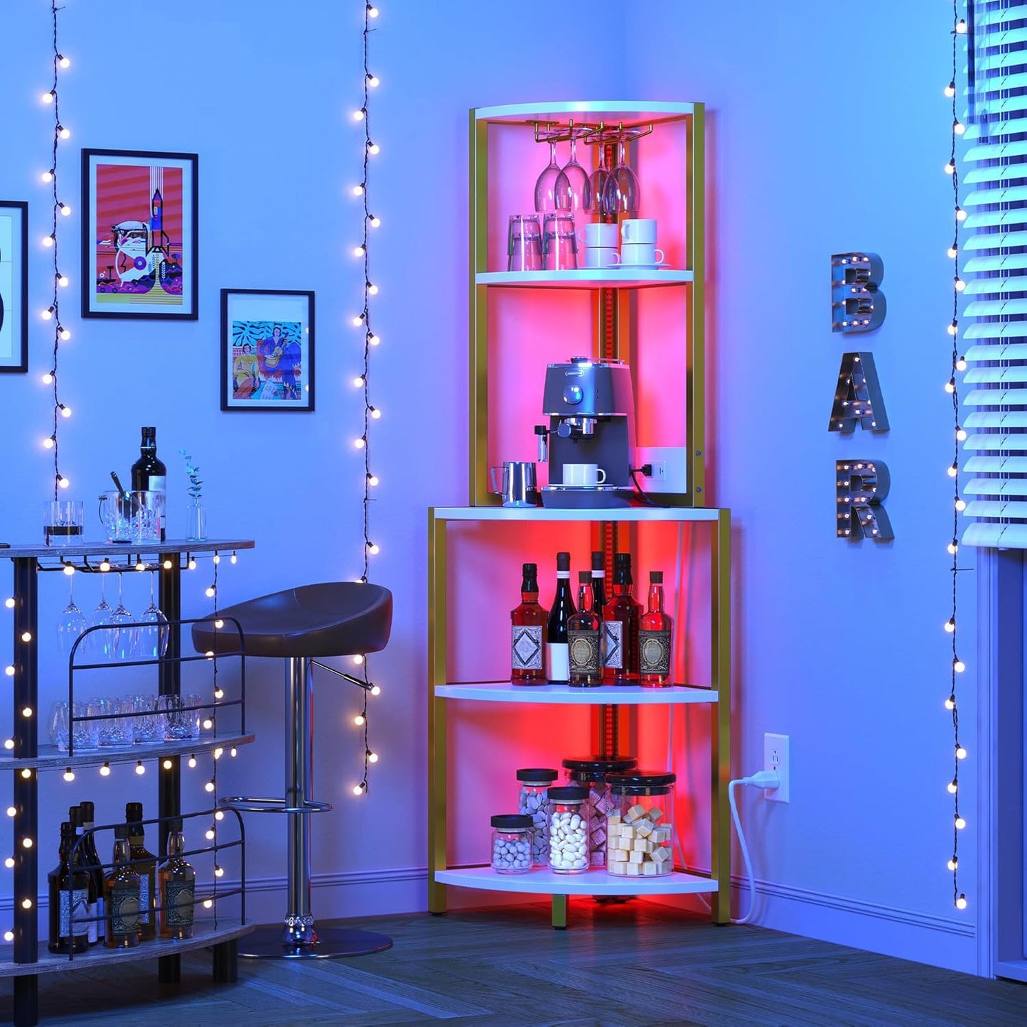 5-Tier Corner Shelf with Power Outlets & LED Lights
