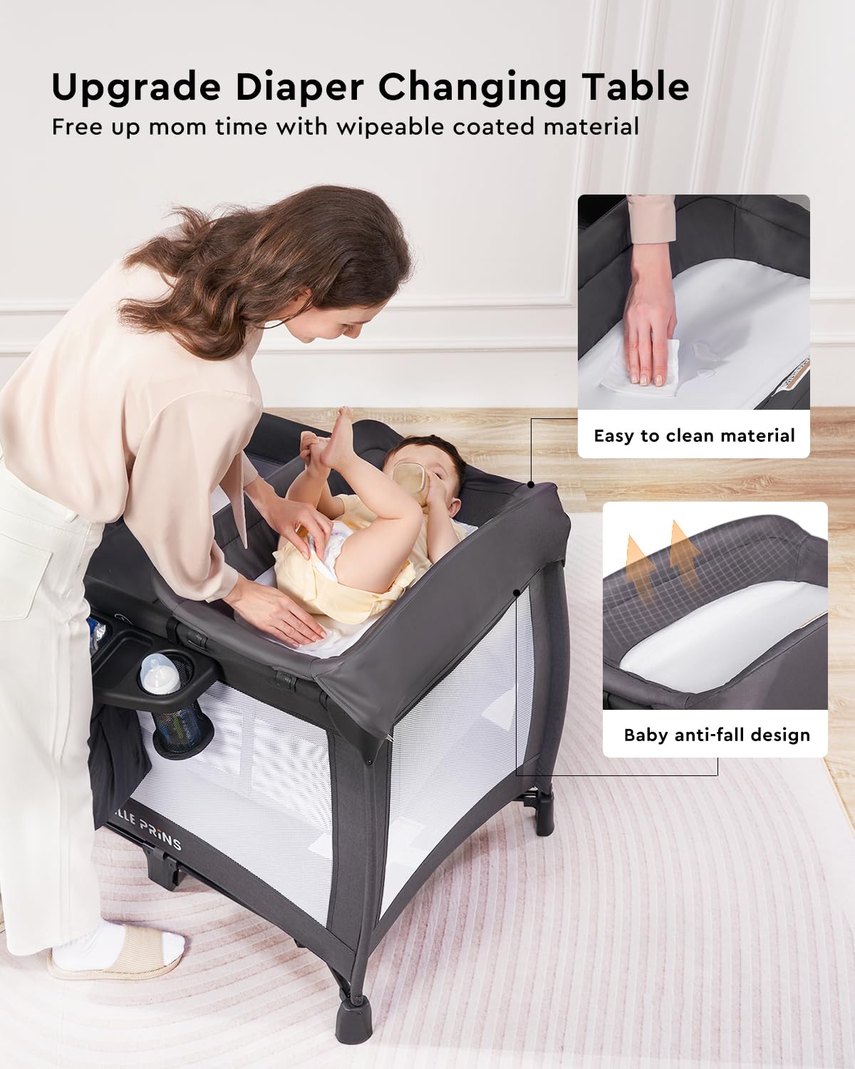 LILLEPRINS 4-in-1 Portable Baby Playpen with Bassinet