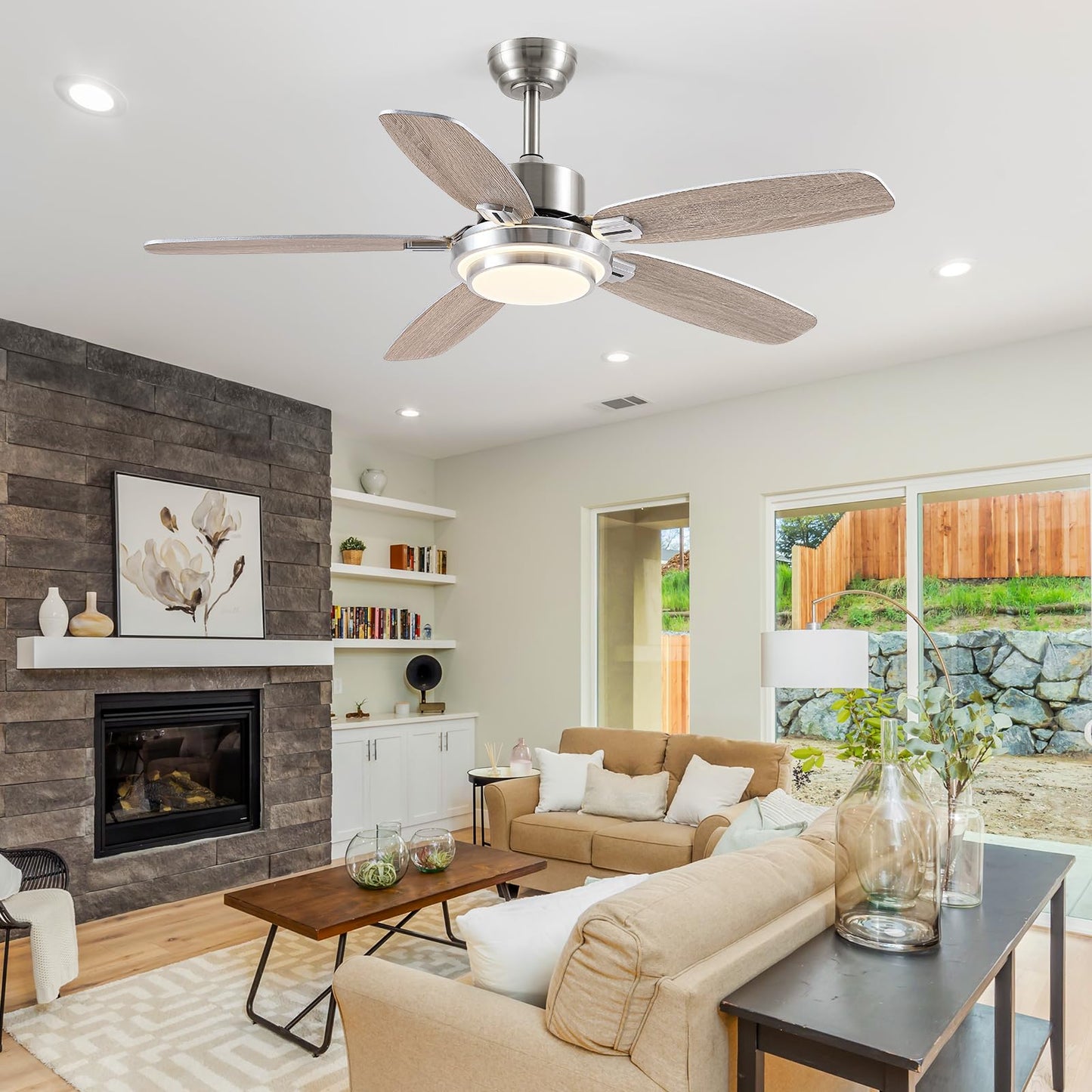 Ceiling Fan with Light and Remote/APP Control,50" Modern Indoor Ceiling Fan with DC Reversible Motor, Quiet 6 Speeds Flush Mount Ceiling fan Light for Bedroom,Dinnig Room,Brushed Nickel