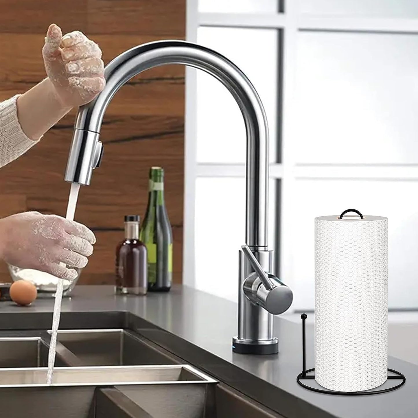 Black Paper Towel Holder Countertop,Kitchen Paper Towel Stand Holder for Standard and Large Size Rolls