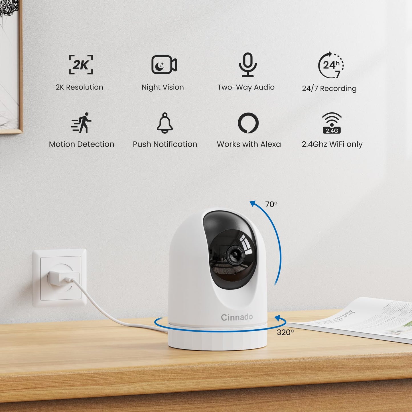 Cinnado Security Camera Indoor-2K 360° WiFi Cameras for Home Security,Pet/Dog/Baby Camera with Phone app, 2-Way Audio, Night Vision, 24/7 SD Card Storage, Works with Alexa & Google Home (2.4Ghz)-D1