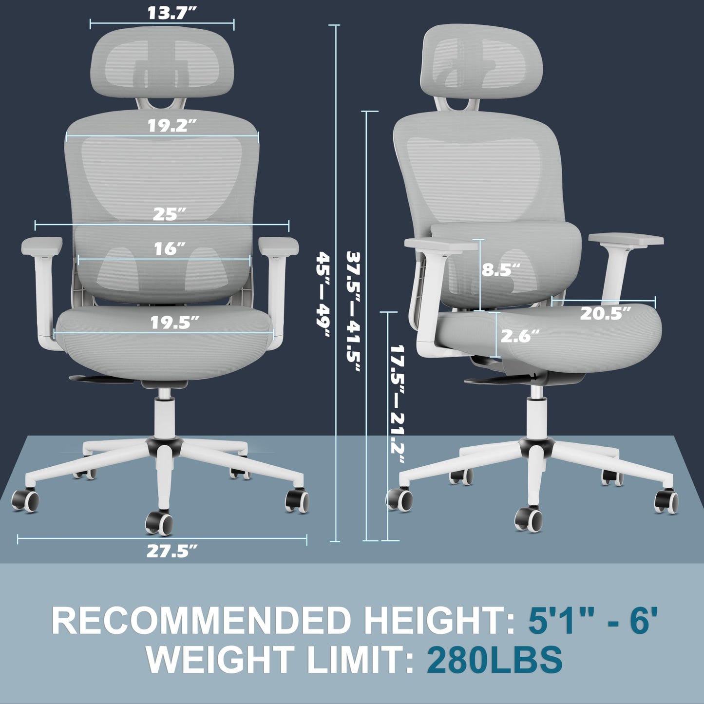 GABRYLLY Office Chair, Ergonomic Desk Chair with Adjustable Lumbar Support, 3D Armrest, Headrest, 4-Level Tilt Back, Home Mesh Chair with Wide Cushion Seat & PU Wheels for Adult Student
