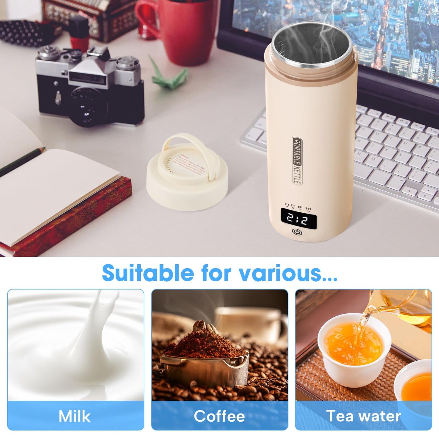 Car Kettle Water Boiler 12V - Travel Kettle Portable Electric Kettle 500ml, 4 Adjustable Temperature for Coffee Tea Heater, 316 Stainless Steel (Cream)