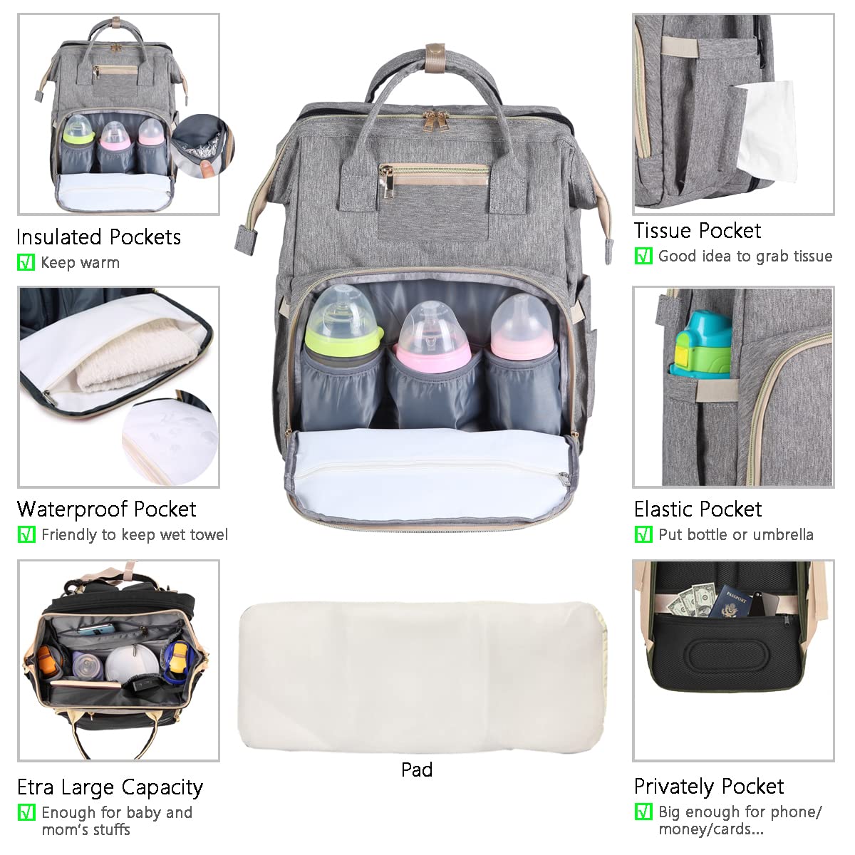 HappyLuoka Diaper Bag Backpack with Changing Pad, Baby Bag for Boys Girls, Unisex Nappy Changing Bag, Multifunction Large Capacity Travel Back Pack for Moms Dads, Grey