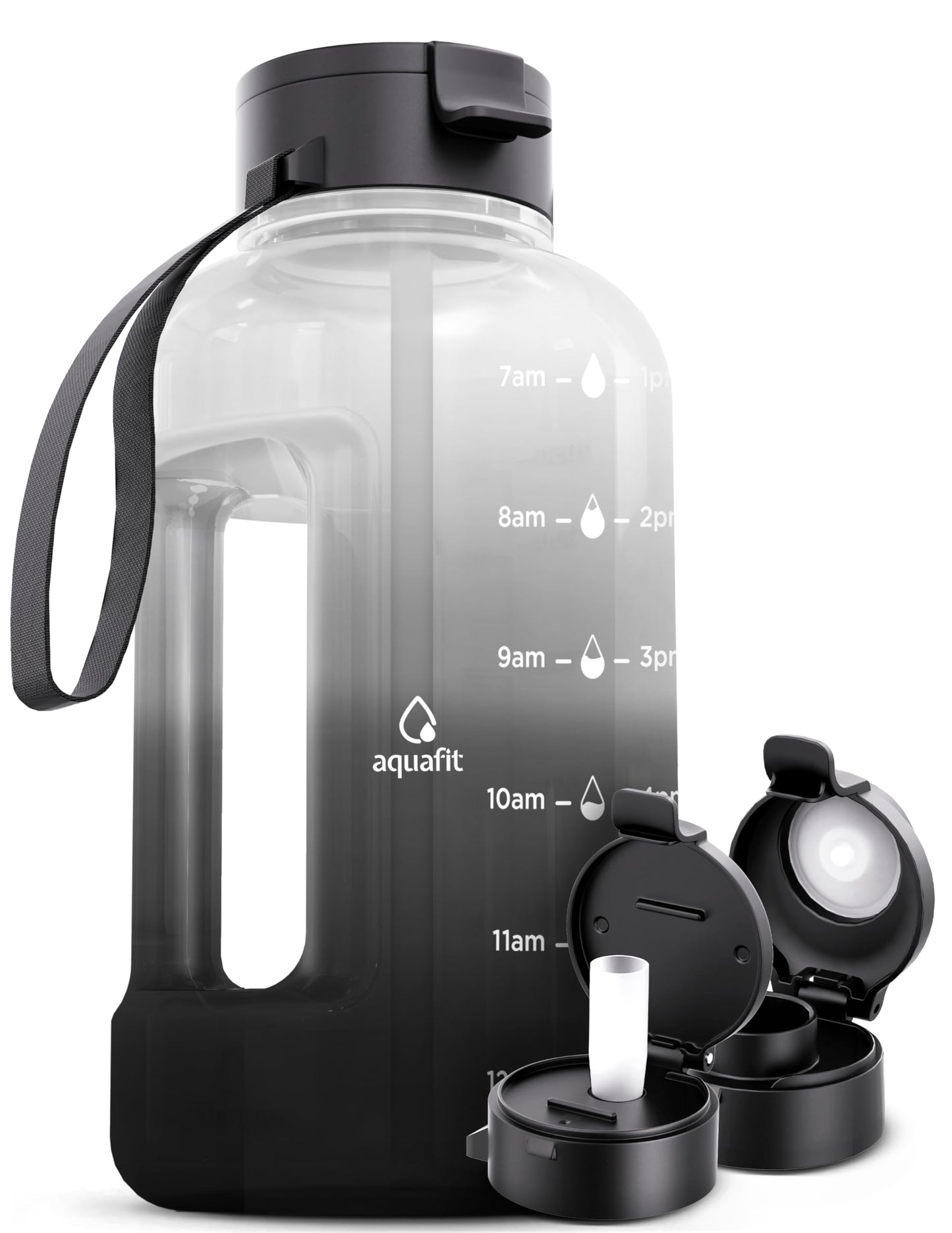 AQUAFIT 40 oz Water Bottle With Time Marker - 40 oz Water Bottle With Straw - Gym Water Bottle With Strap, Big Water Bottle with Handle, Reusable Water Bottles With Straw Bike Water Bottles (Midnight)