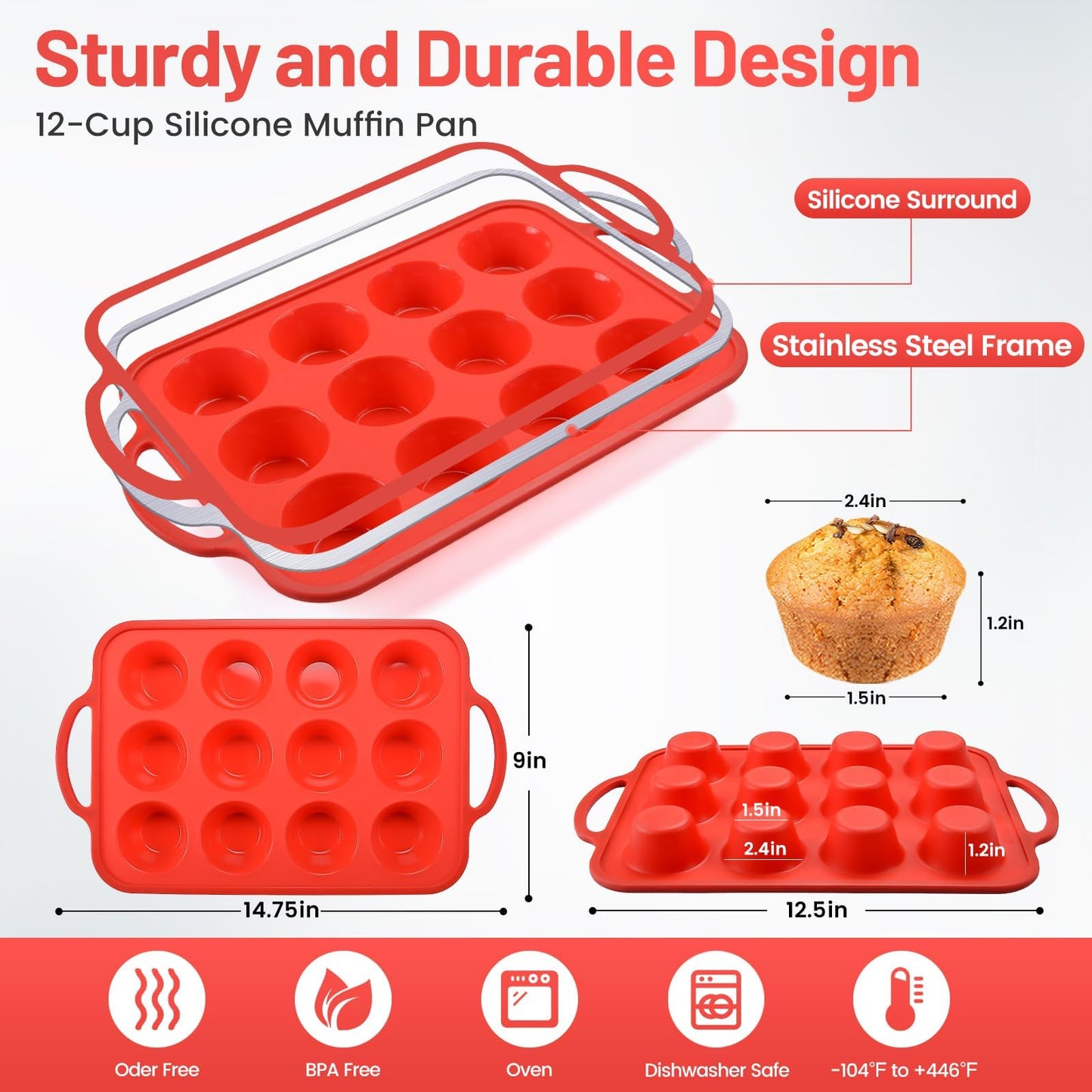 Vinino Silicone Muffin Pan, 12-Cup BPA Free