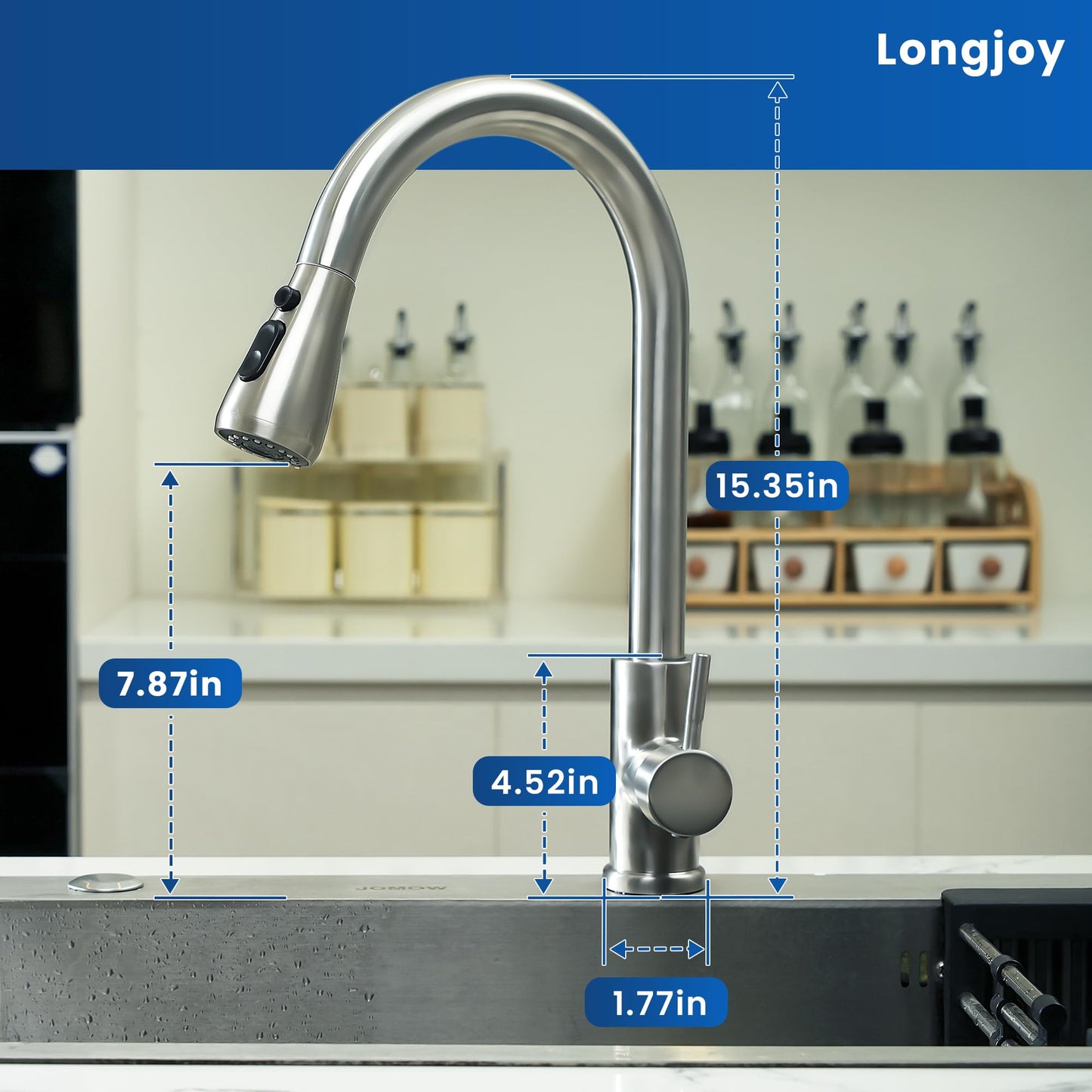 Longjoy Kitchen Faucets,Single Handle High Arc Pull Down Kitchen Faucet,Stainless Steel Kitchen Sink Faucets with Pull Down Sprayer,Kitchen Sink Faucets for Laundry Bar