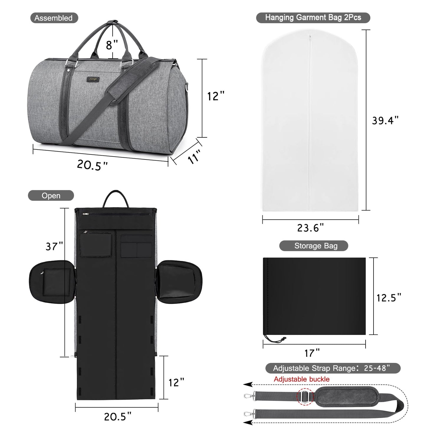 Convertible Garment Duffle Bags for Travel - Carry on Garment Bag for Men Women Large Travel Duffel Bag with Crossbody Bag 4pcs Set, 2 in 1 Hanging Suit Dress Clothes Travel Bag