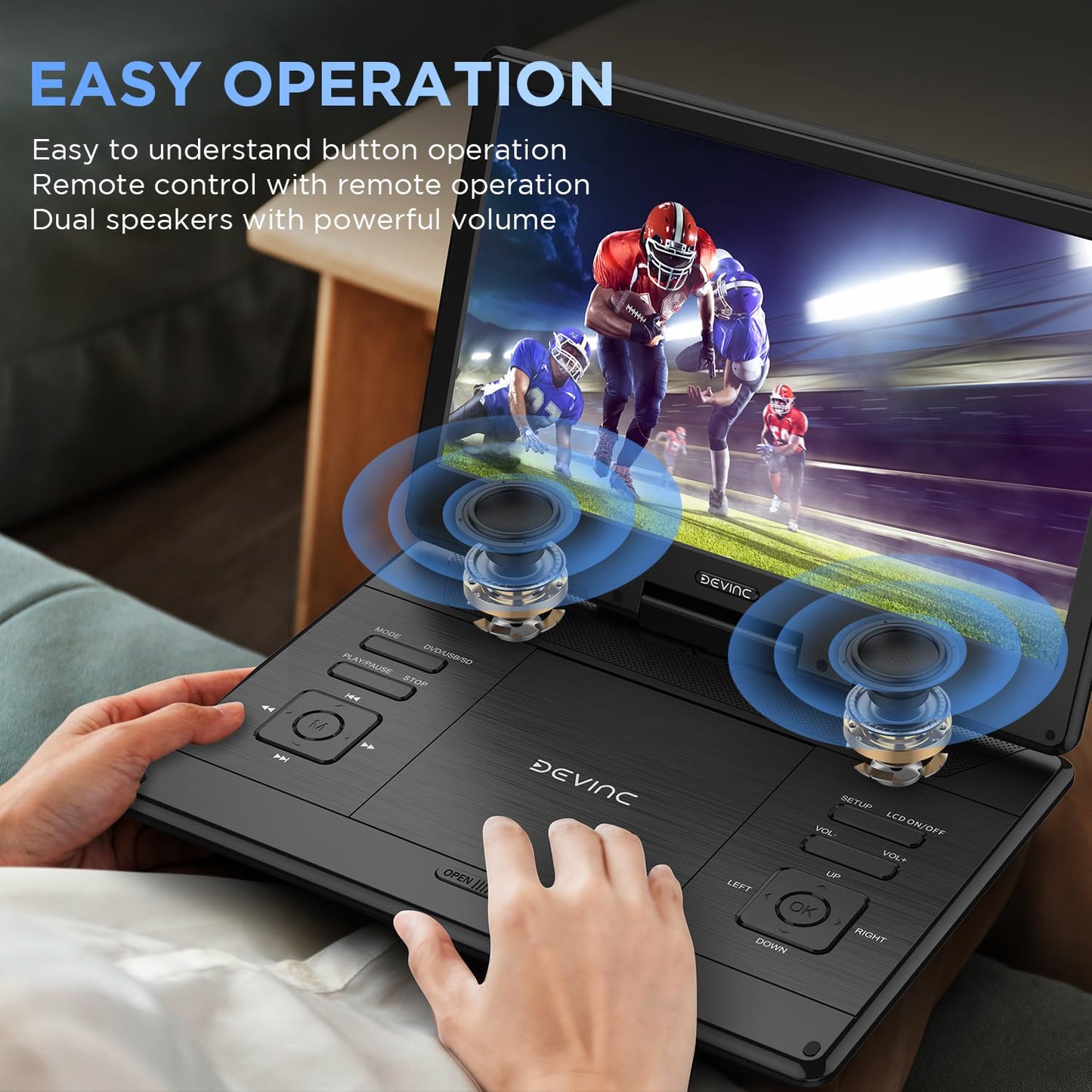 DEVINC 16.9" Portable DVD Player with 14.1" Large HD Screen, Support Multiple DVD CD Formats/USB/SD Card, 6 Hours Rechargeable Battery, Sync TV, Dual Speakers, Car DVD Player, Regions Free
