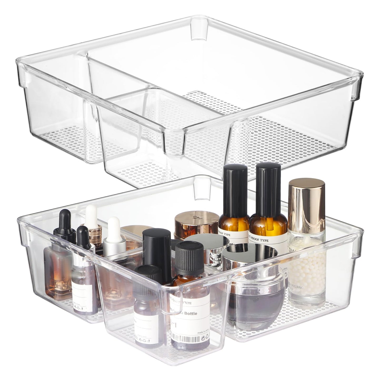CherHome Drawer Organizer,2PCS Clear Organization and Storage Set,Desk Drawer Organizer Food Snack Organizers,Plastic Organizer Bins for Kitchen Drawer,Pantry,Bathroom,Makeup and Office(9 X 9 X 3in)
