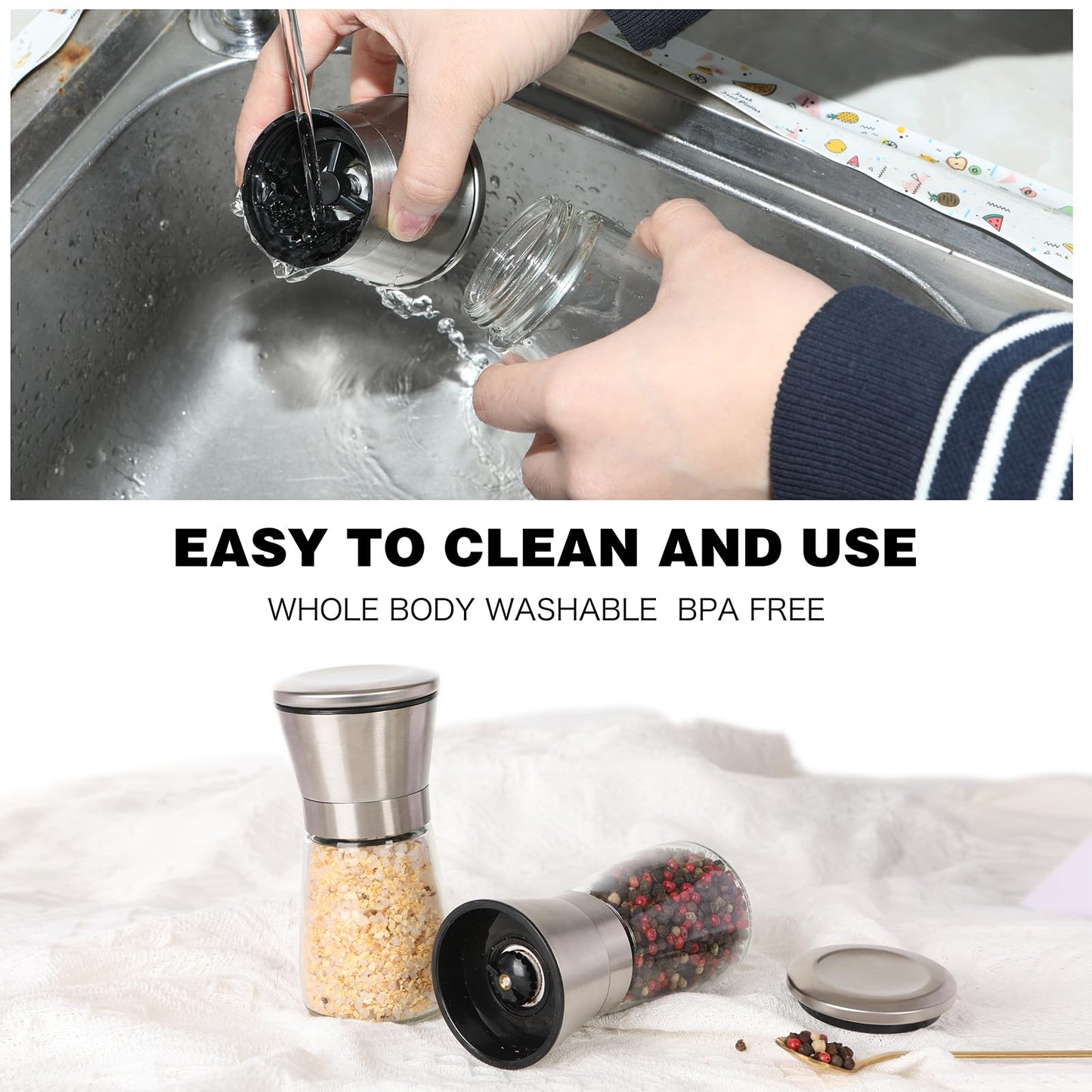 LIVITUP Salt and Pepper Grinder Set Refillable, Salt Pepper Grinder Shaker Stainless Steel Glass Pepper Mill with Adjustable Coarseness