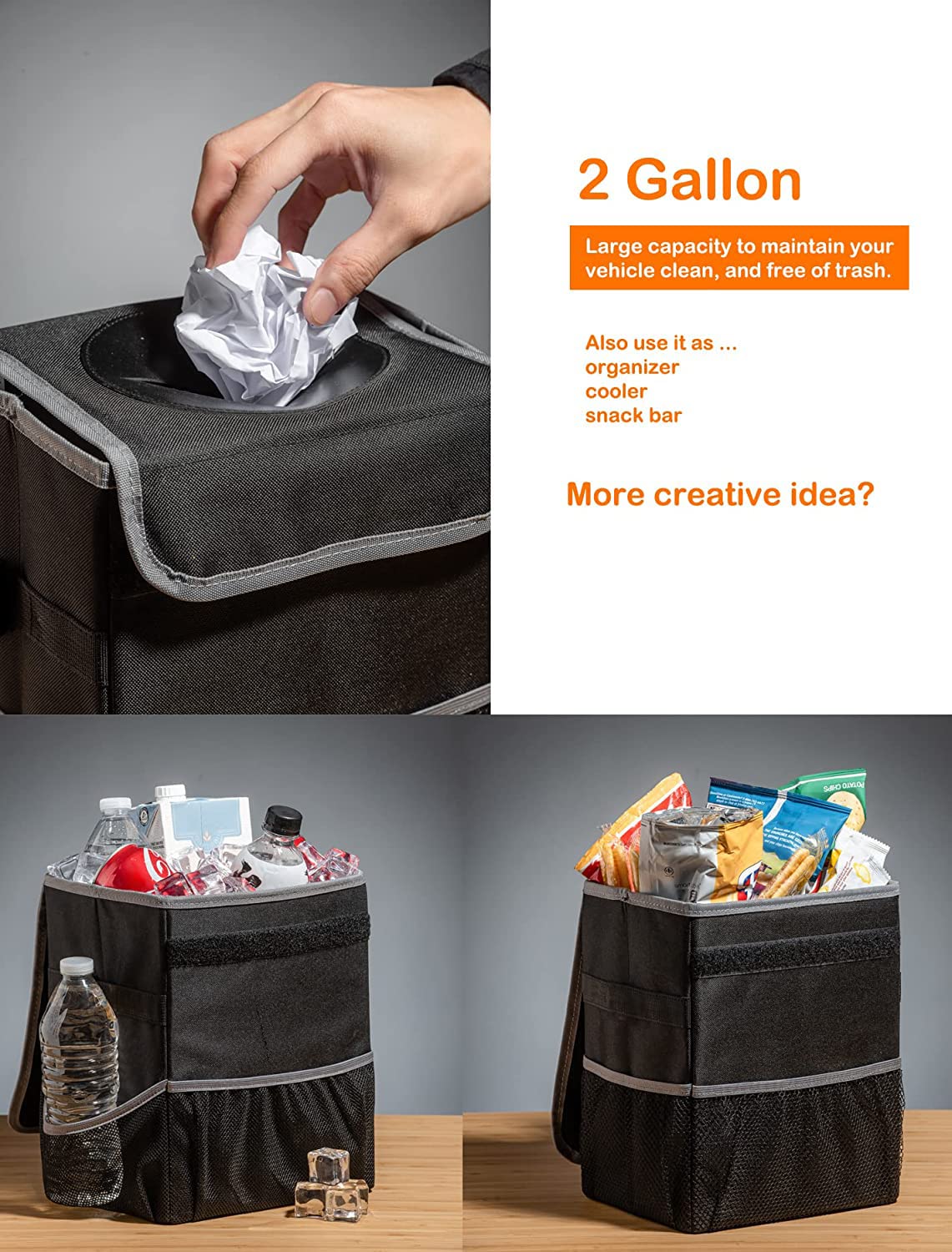 Olitec Car Trash Can with Lid and Pockets Accessories Leakproof/Waterproof Organizer Bin for Storage Garbage Can Bag Trunk Back/Front Seat 2.5 Gallon