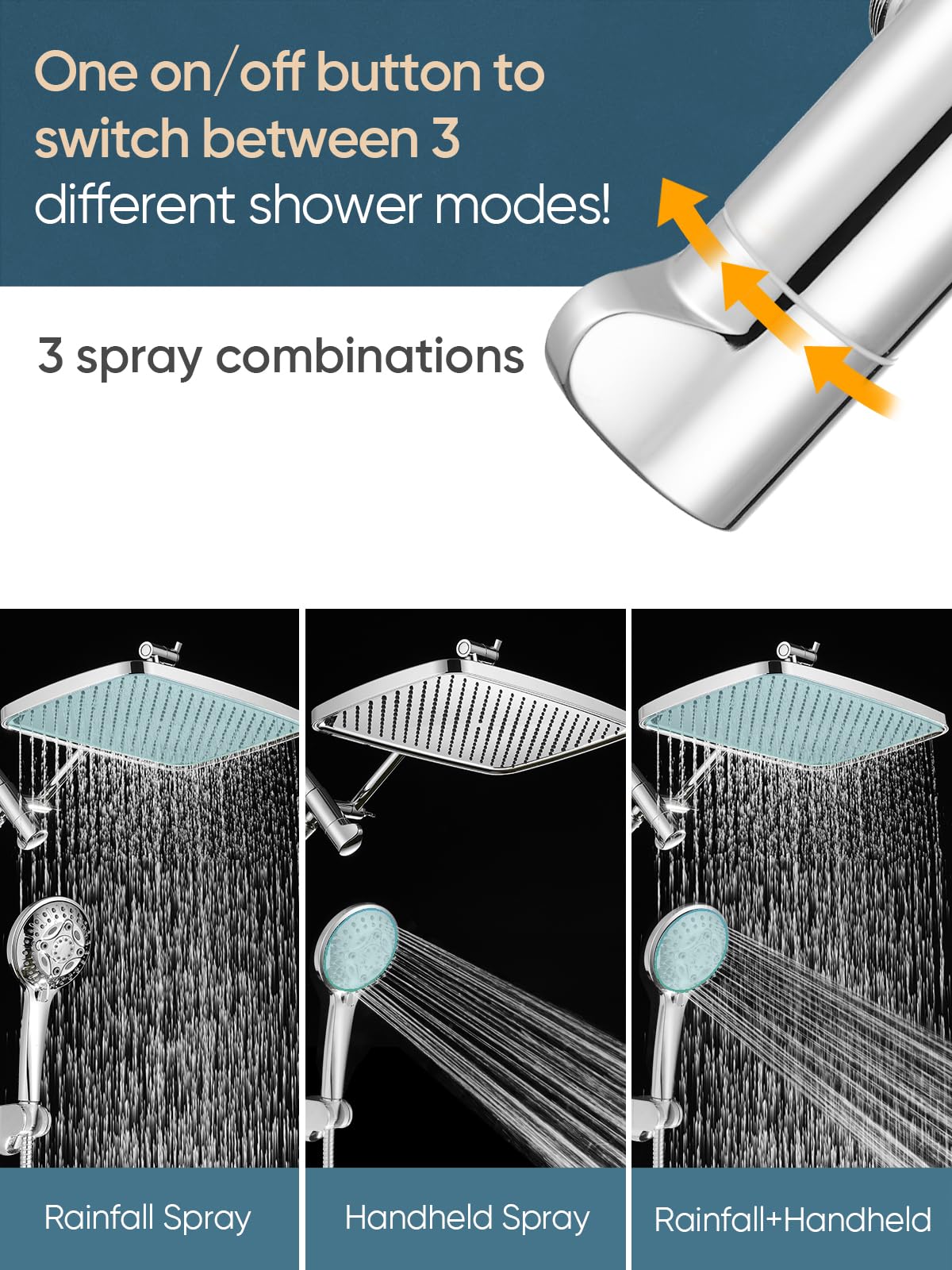 Cobbe 12'' High Pressure Rain Shower Head with Extension Arm - Dual Shower Heads with 8 Modes Handheld Spray Combo - Wide RainFall shower with Anti-Clog Nozzles, Adhesive Showerhead Holder, Chrome