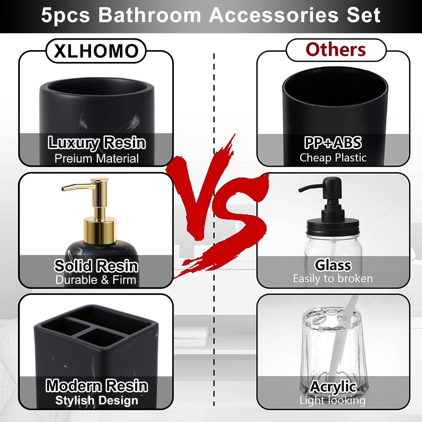 Black Marble Bathroom Accessories Set - 5 Pieces