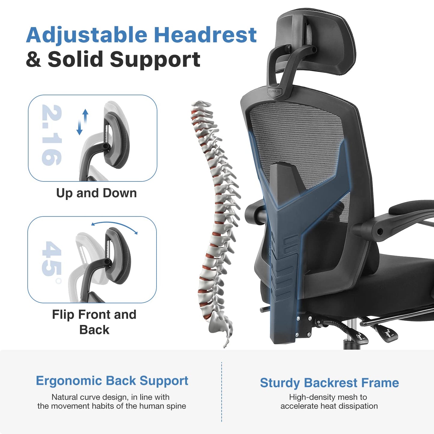 AFO Ergonomic Office Chair, High Back Office Chair with Lumbar Pillow & Retractable Footrest, Mesh Office Chair with Padded Armrests and Adjustable Headrest, Height Adjustable, Dark Black (WY-9053-BK)